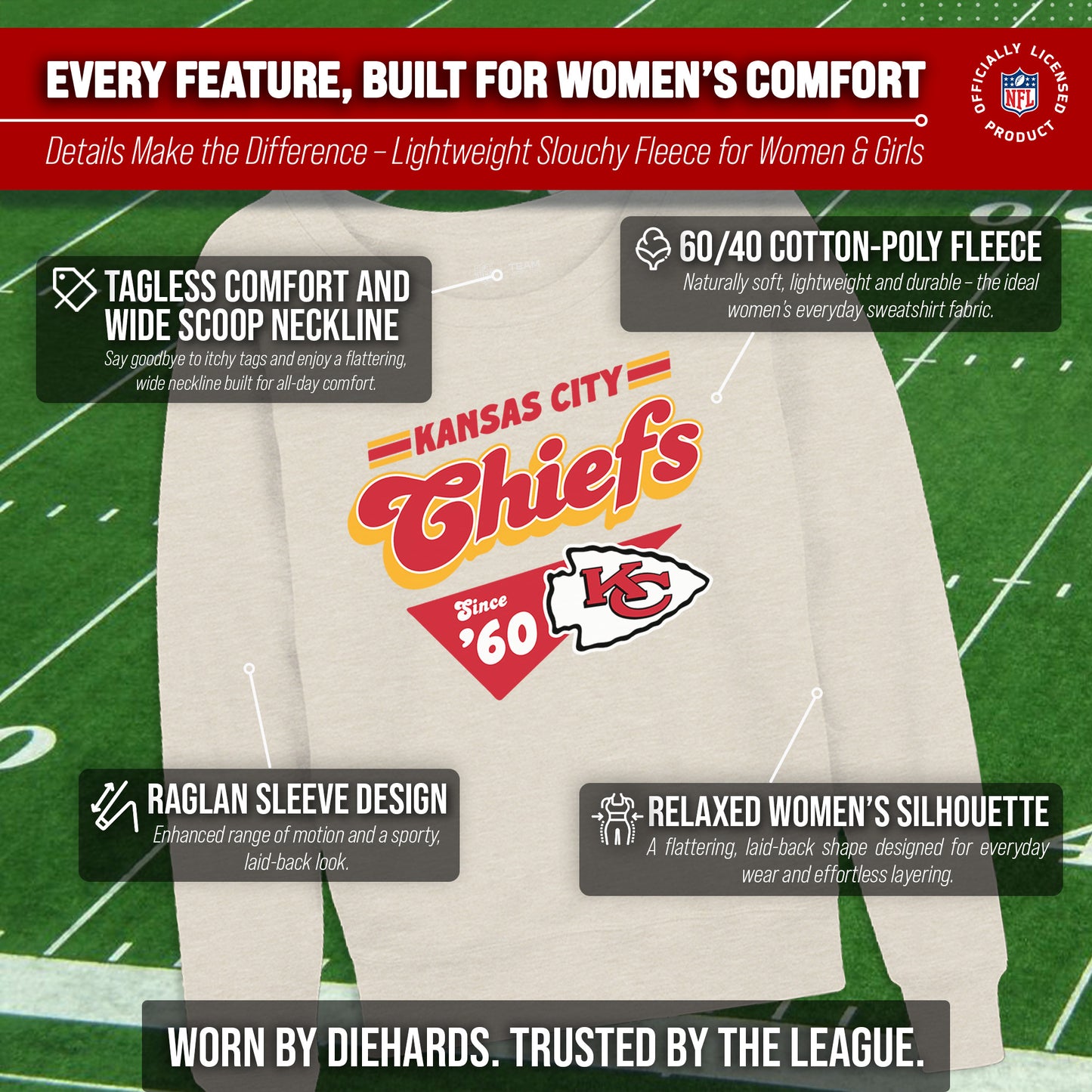 Kansas City Chiefs NFL Womens Vintage Charm Slouchy Crewneck - Birch