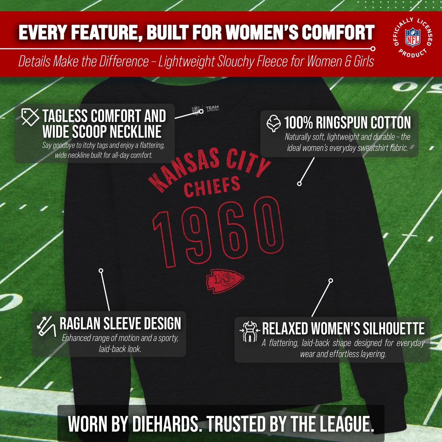 Kansas City Chiefs NFL Womens Big Date Slouchy Crewneck - Black