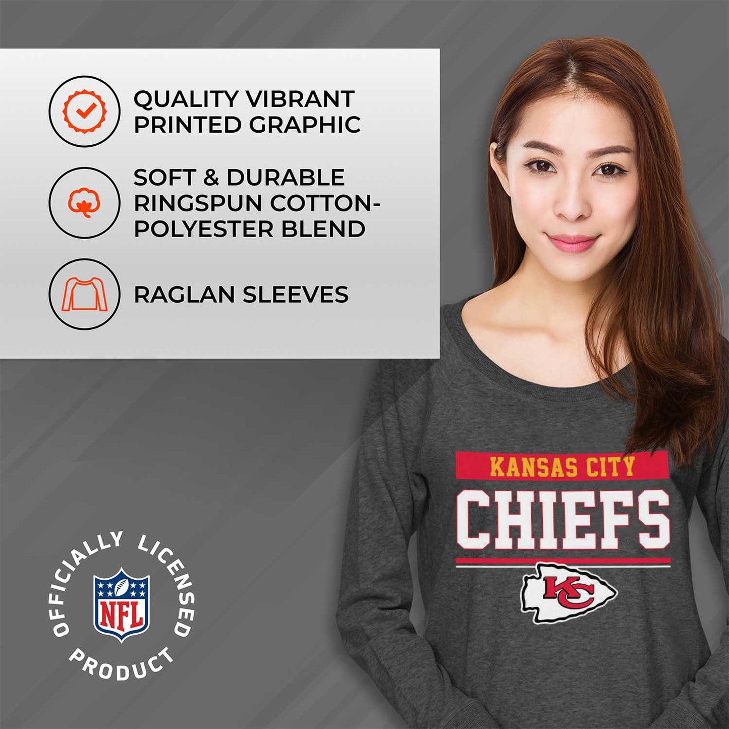 Kansas City Chiefs NFL Womens Charcoal Crew Neck Football Apparel - Charcoal