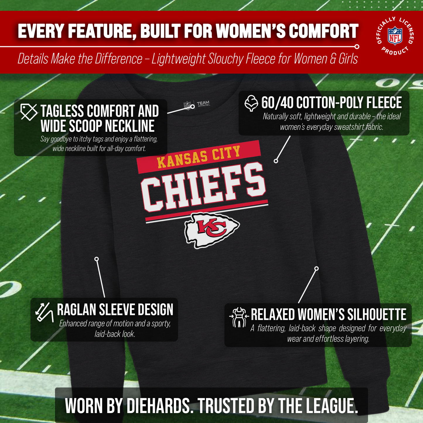 Kansas City Chiefs NFL Womens Charcoal Crew Neck Football Apparel - Charcoal