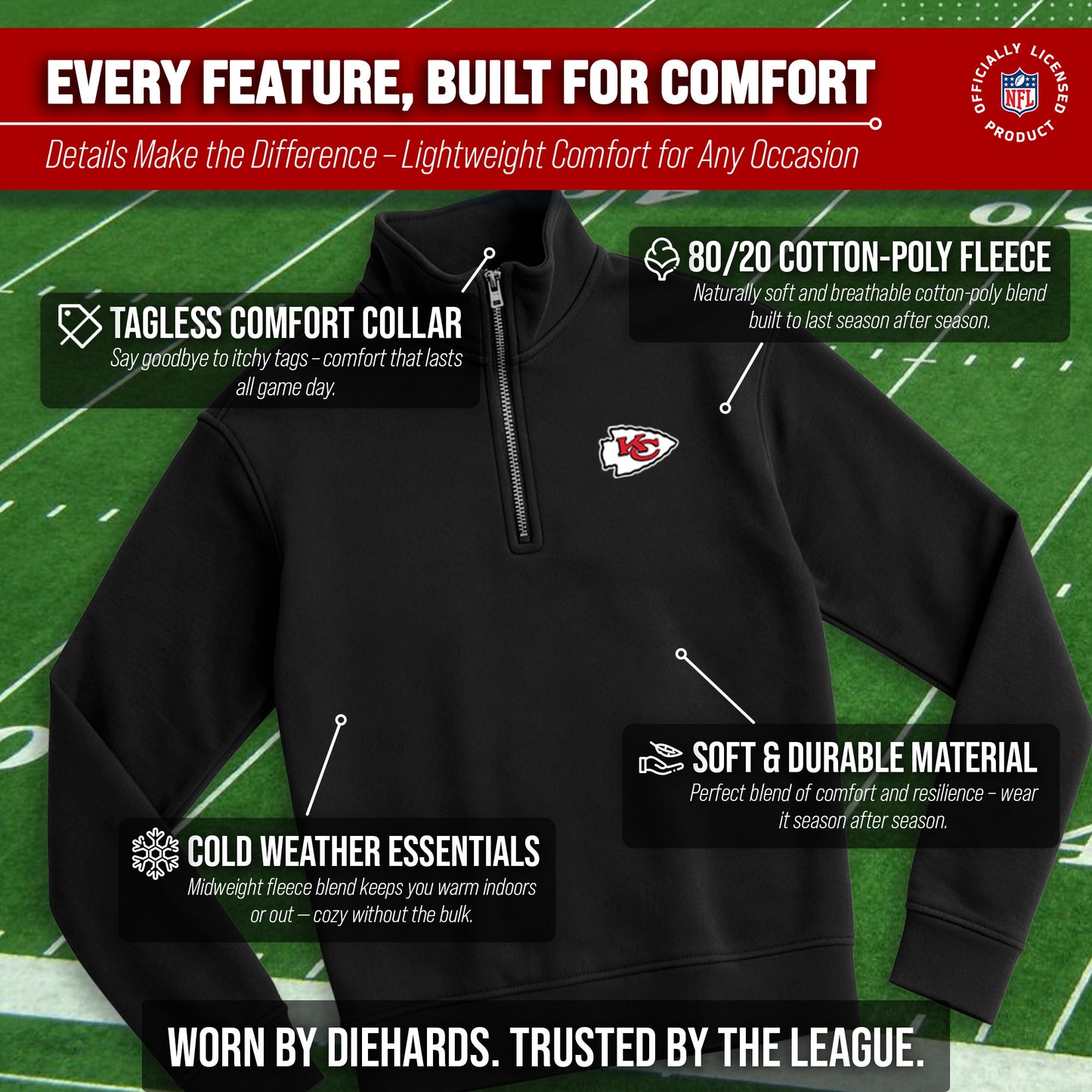 Kansas City Chiefs NFL Adult Unisex Team Logo Quarter Zip Pullover Sweatshirt - Black