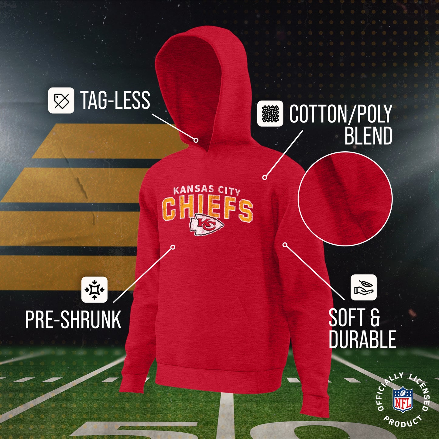 Kansas City Chiefs NFL Youth Starting Fresh Hoodie- Pro Football Sweatshirt for Boys and Girls - Red