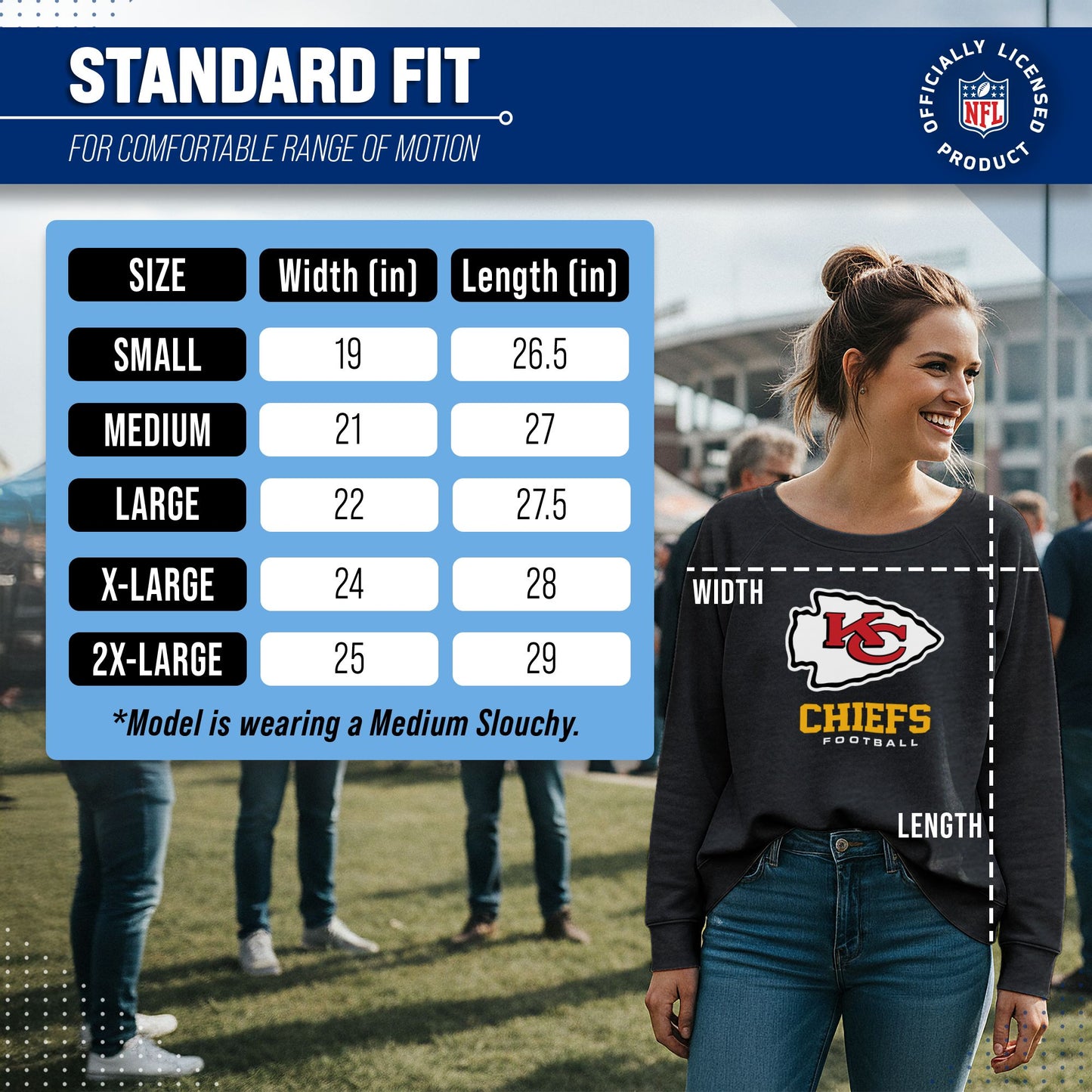 Kansas City Chiefs Women's NFL Ultimate Fan Logo Slouchy Crewneck -Tagless Fleece Lightweight Pullover - Charcoal