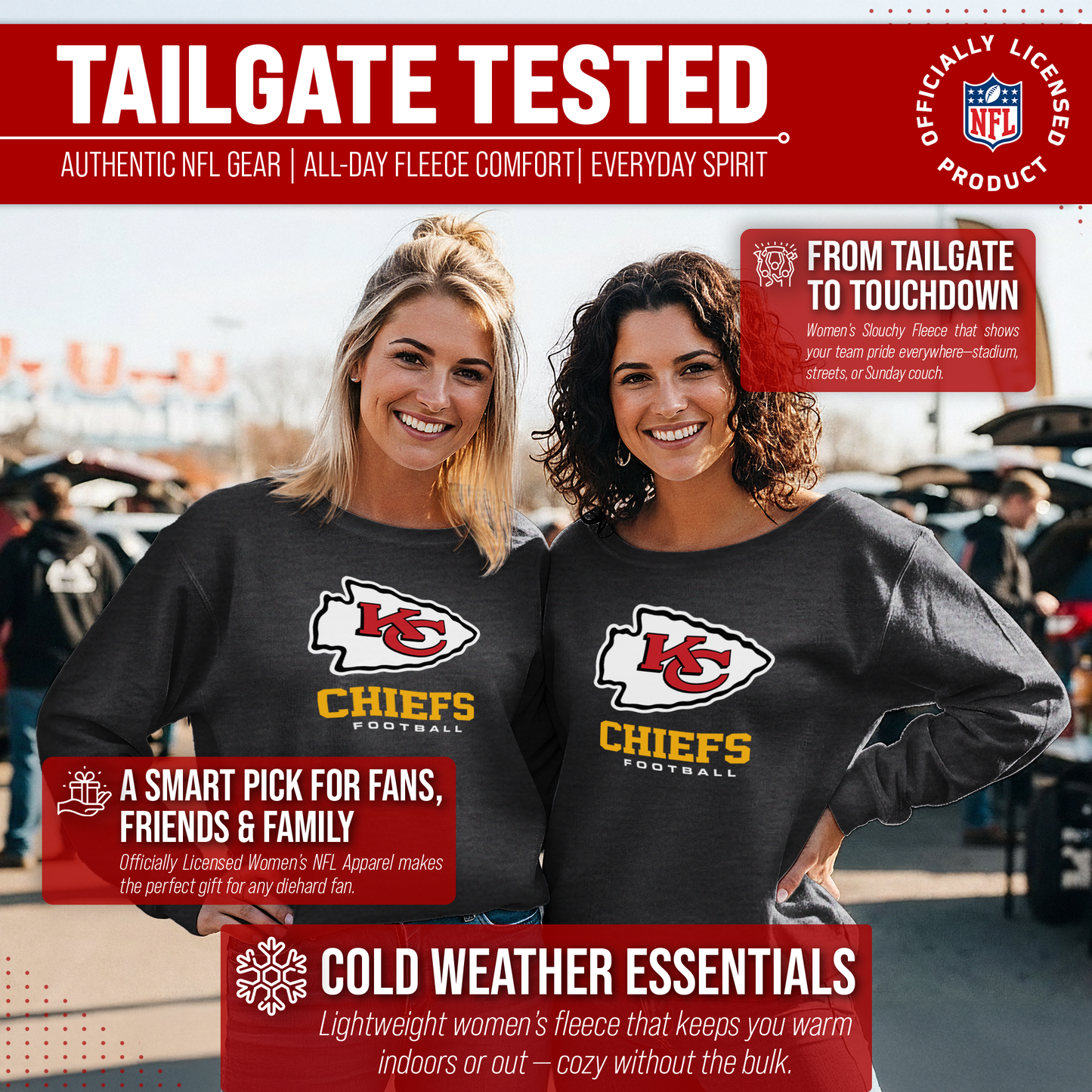 Kansas City Chiefs Women's NFL Ultimate Fan Logo Slouchy Crewneck -Tagless Fleece Lightweight Pullover - Charcoal