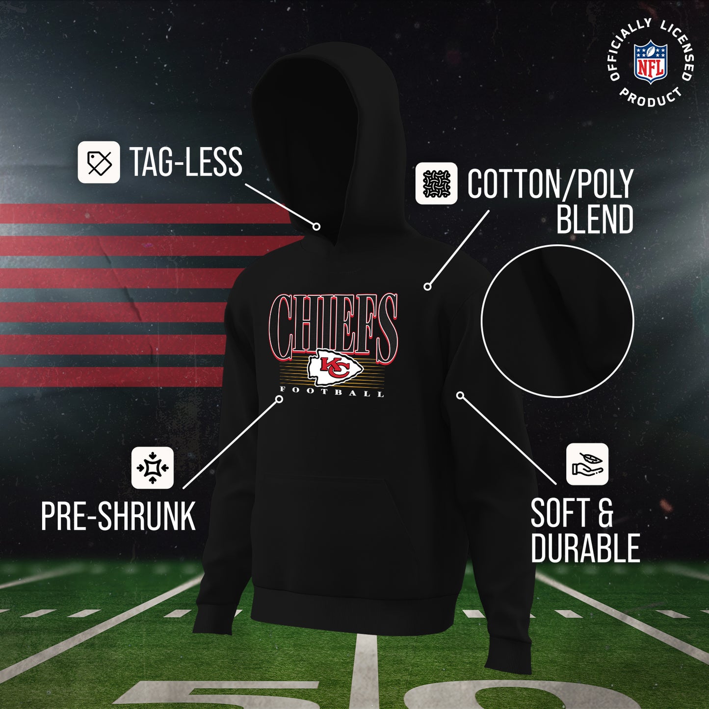 Kansas City Chiefs NFL Youth Overtime Blueprint Football Fleece Hooded Sweatshirt - Black