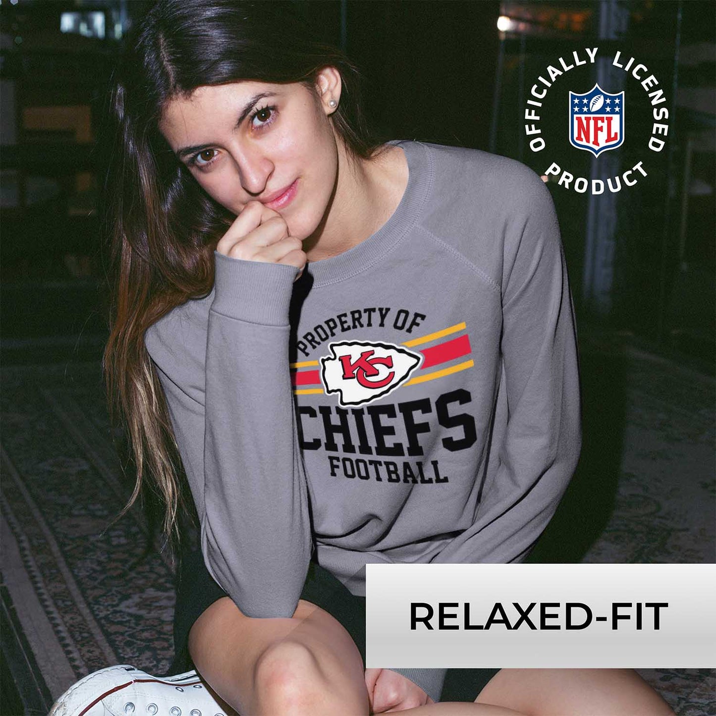Kansas City Chiefs NFL Womens Plus Size Property of Lightweight Crew Neck - Sport Gray
