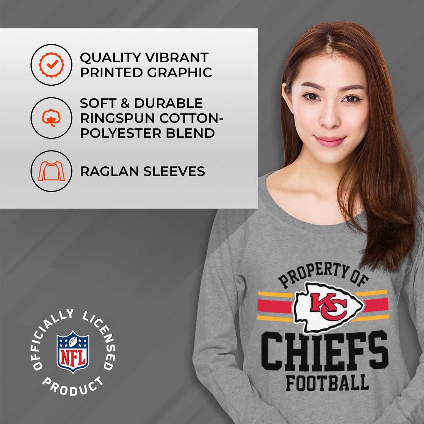 Kansas City Chiefs NFL Womens Plus Size Property of Lightweight Crew Neck - Sport Gray