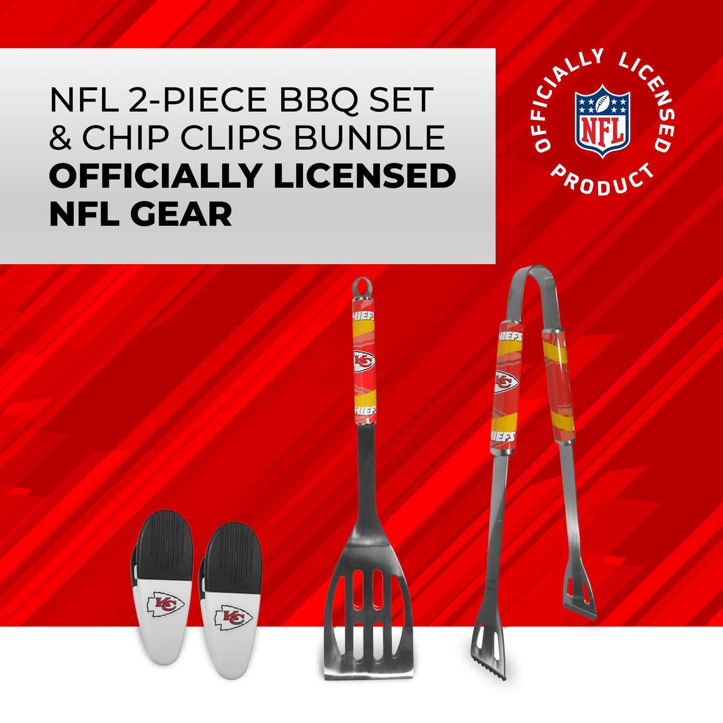 Kansas City Chiefs NFL Two Piece Grilling Tools Set with 2 Magnet Chip Clips - Chrome
