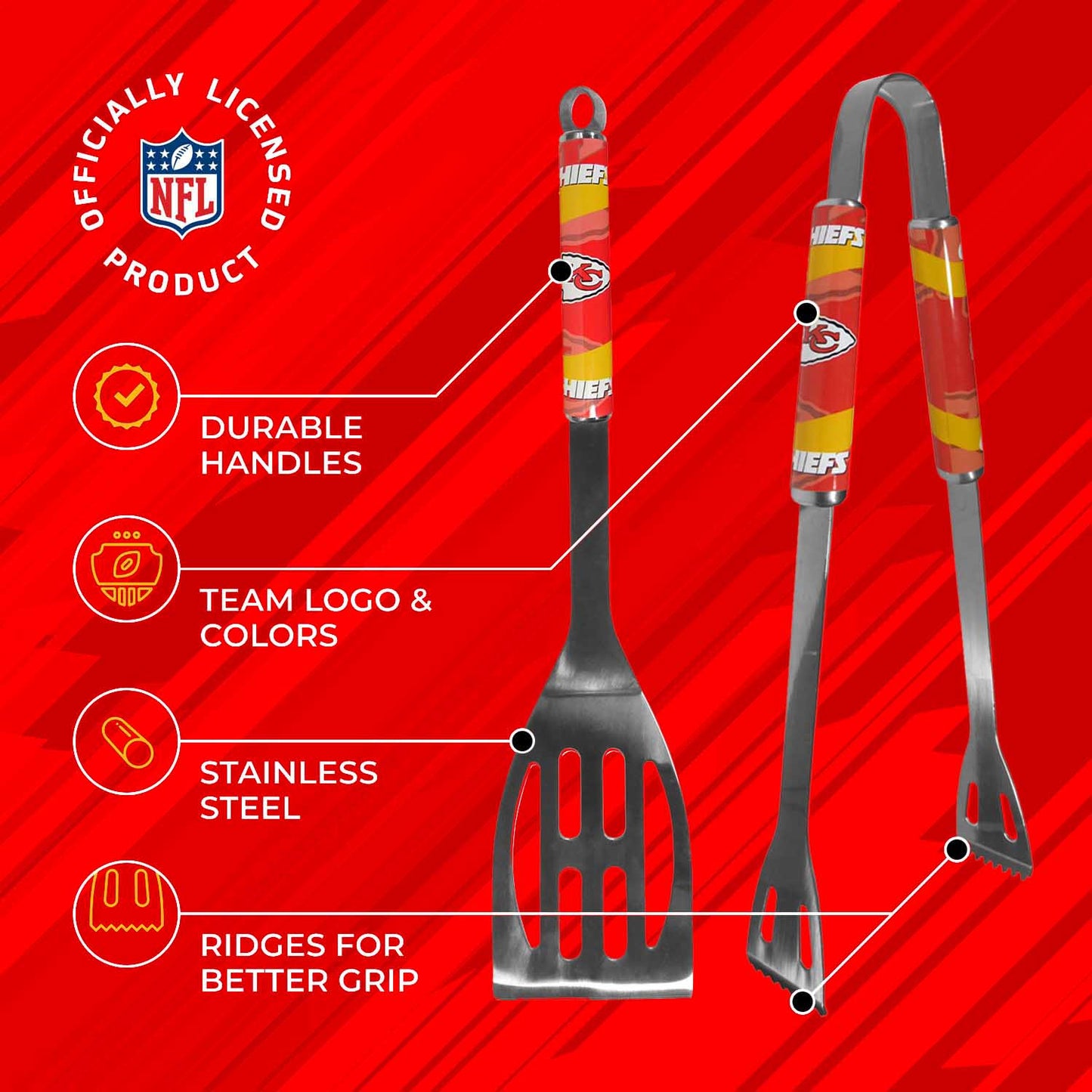 Kansas City Chiefs NFL Two Piece Grilling Tools Set with 2 Magnet Chip Clips - Chrome