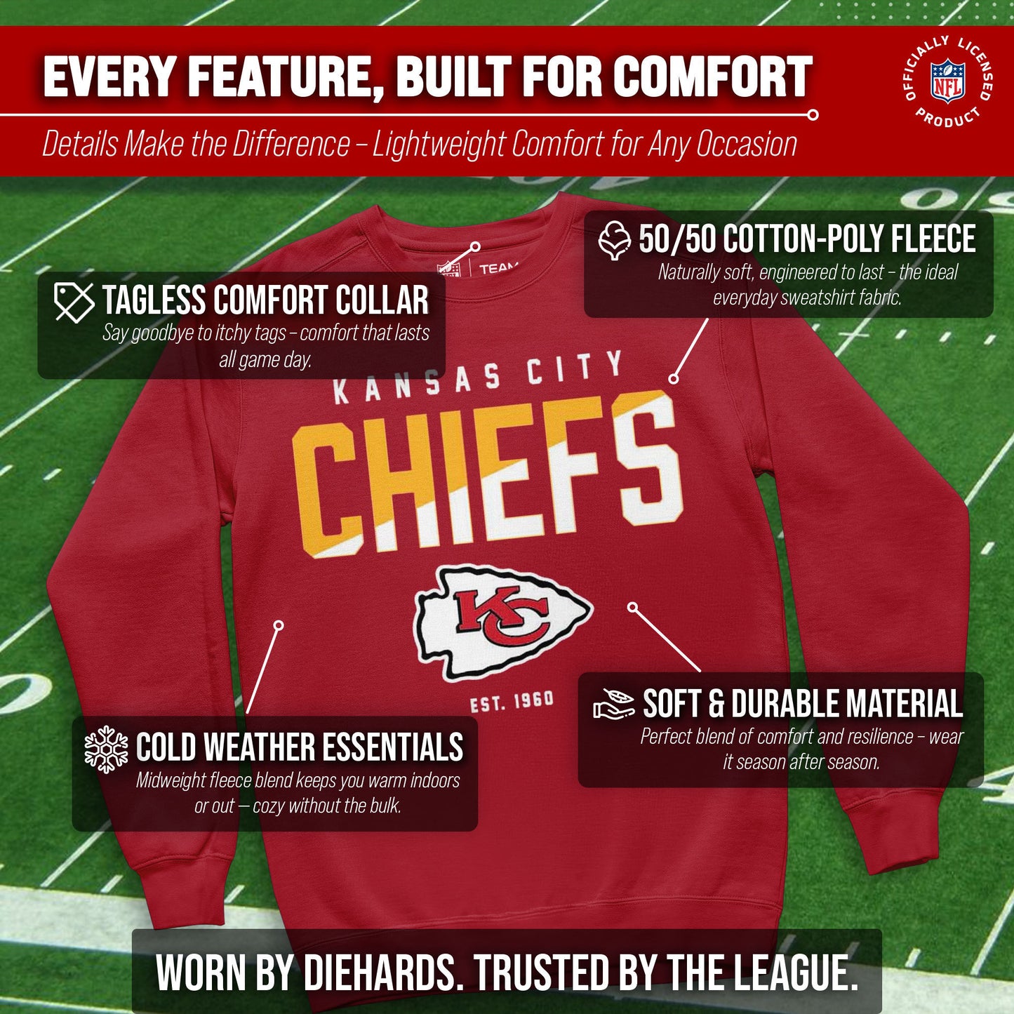 Kansas City Chiefs Adult NFL Diagonal Fade Color Block Crewneck Sweatshirt - Red