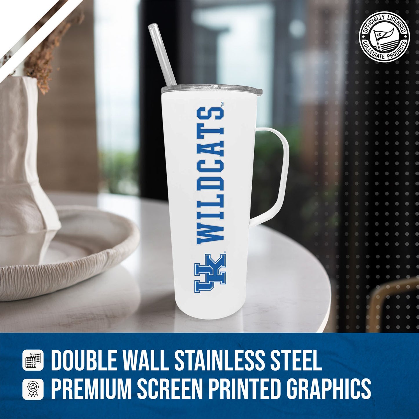 Kentucky Wildcats NCAA Stainless Steel 20oz Roadie With Handle & Dual Option Lid With Straw - White