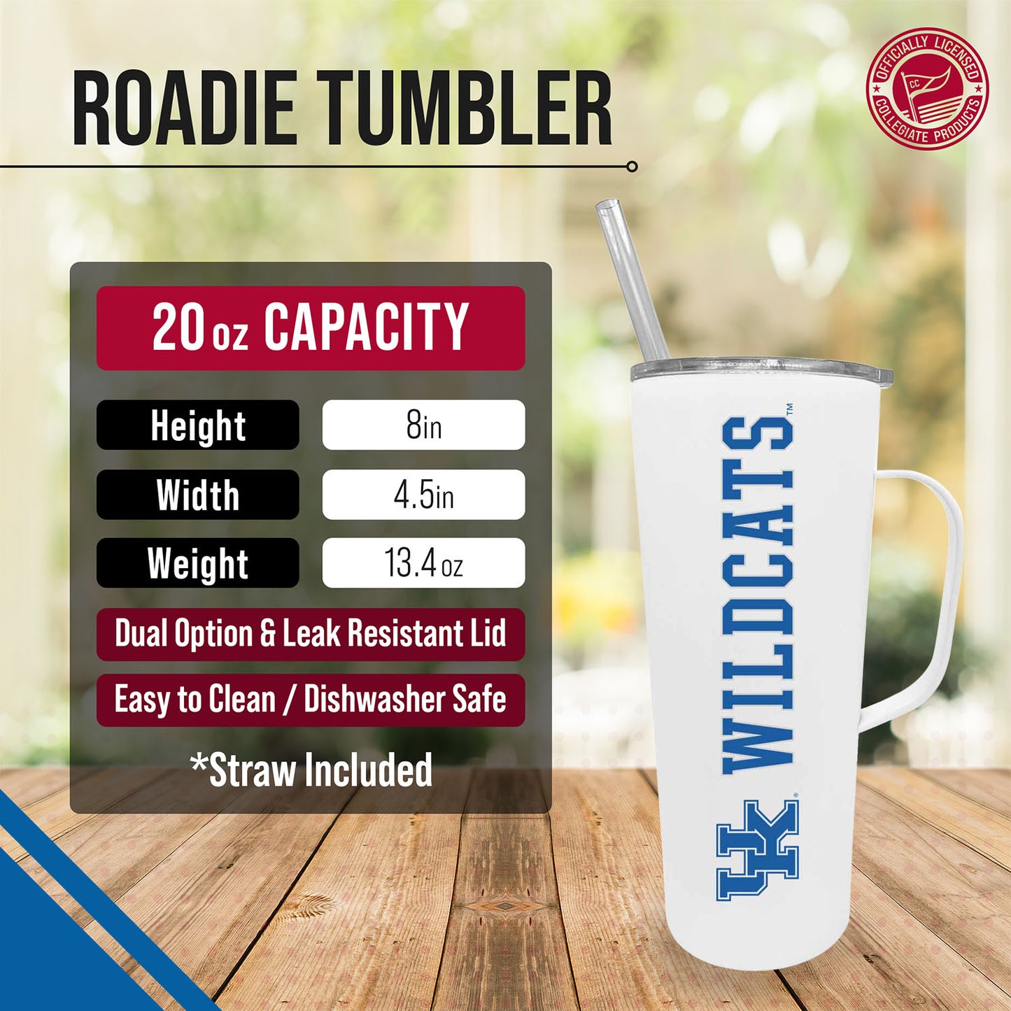 Kentucky Wildcats NCAA Stainless Steel 20oz Roadie With Handle & Dual Option Lid With Straw - White