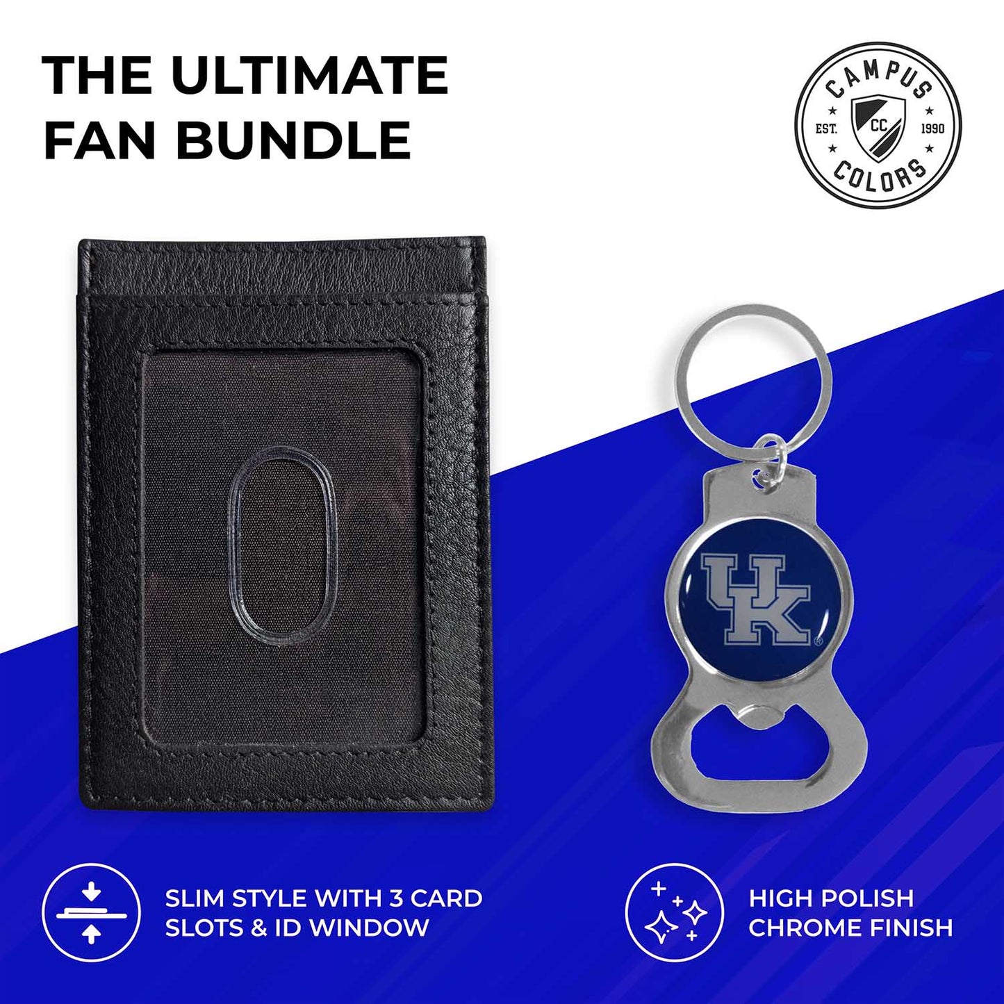 Kentucky Wildcats School Logo Leather Card/Cash Holder and Bottle Opener Keychain Bundle - Black