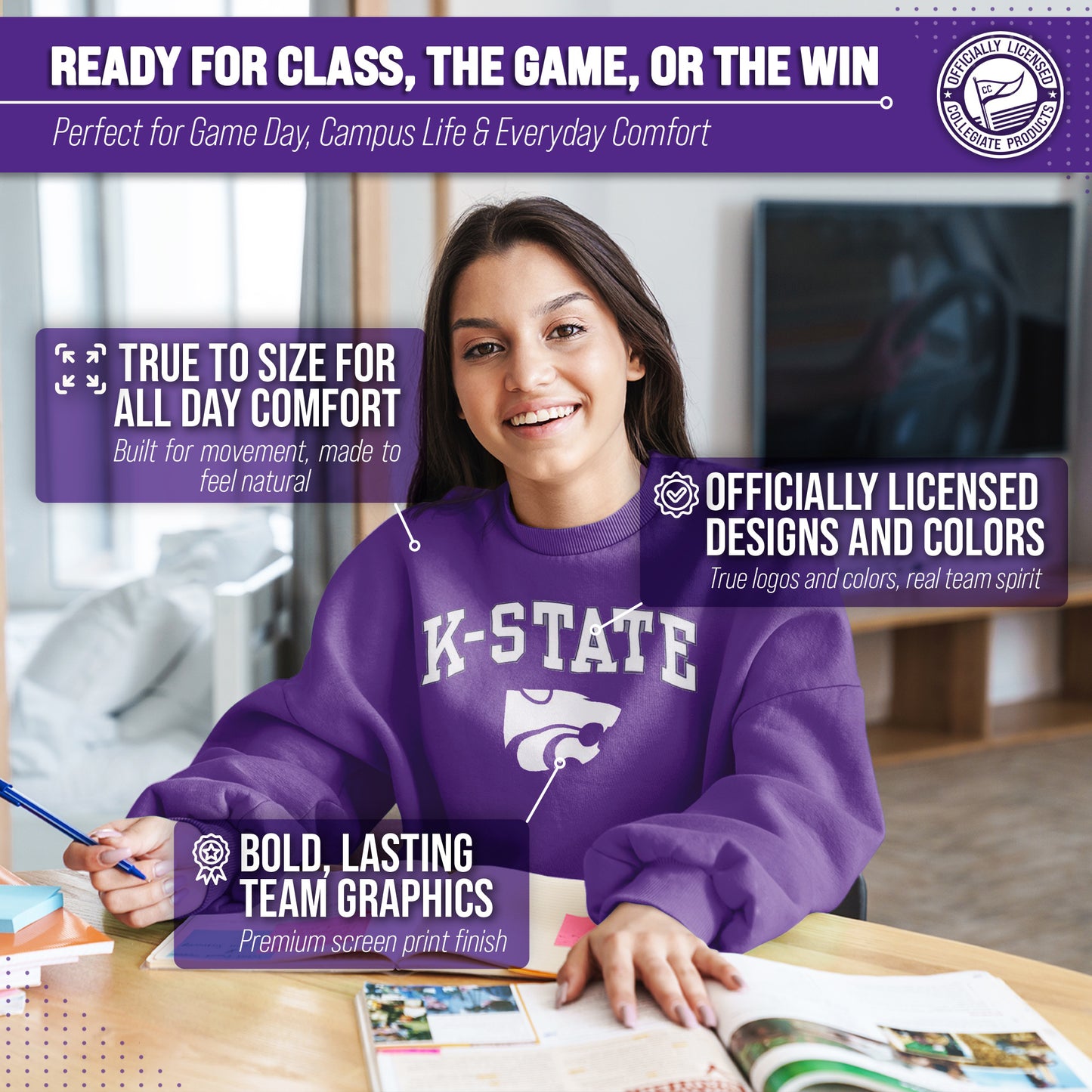 Kansas State Wildcats Adult Arch & Logo Soft Style Gameday Crewneck Sweatshirt - Purple
