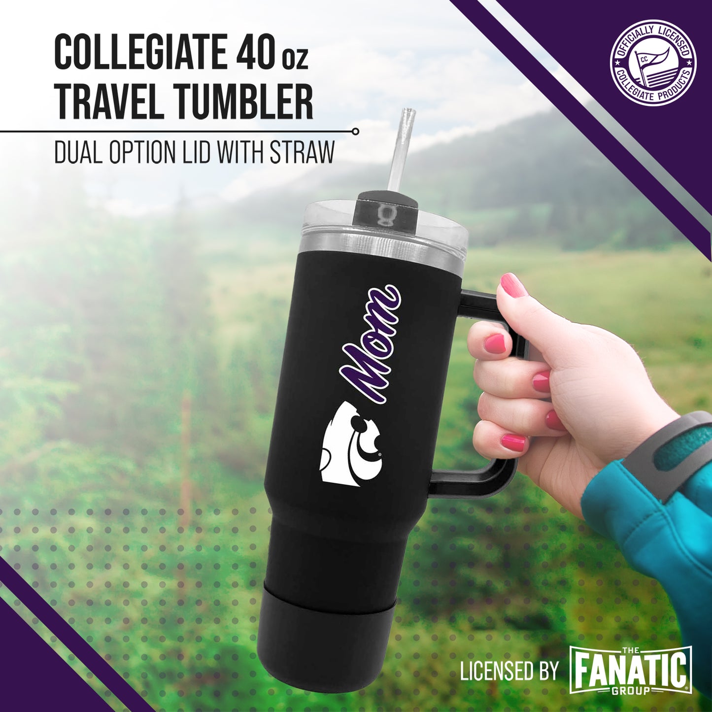 Kansas State Wildcats Collegiate 40oz Stainless Steel Travel Tumbler with Handle for Mom - Black