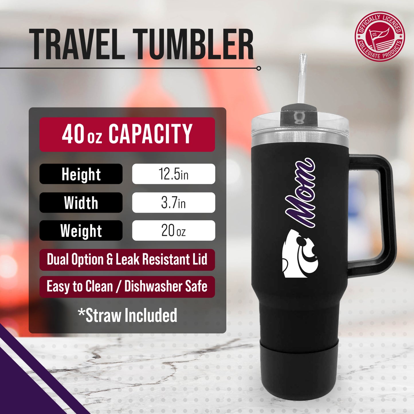 Kansas State Wildcats Collegiate 40oz Stainless Steel Travel Tumbler with Handle for Mom - Black