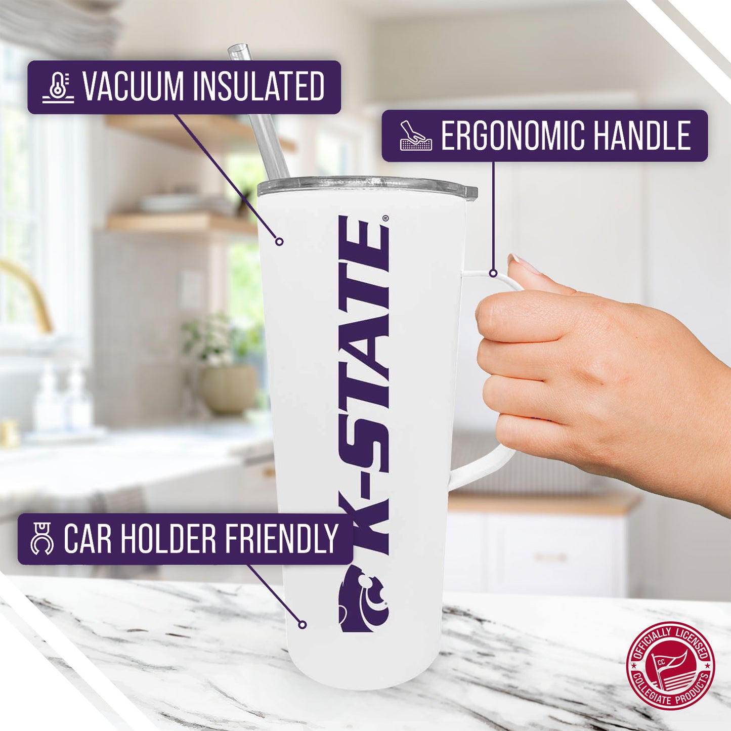 Kansas State Wildcats NCAA Stainless Steel 20oz Roadie With Handle & Dual Option Lid With Straw - White