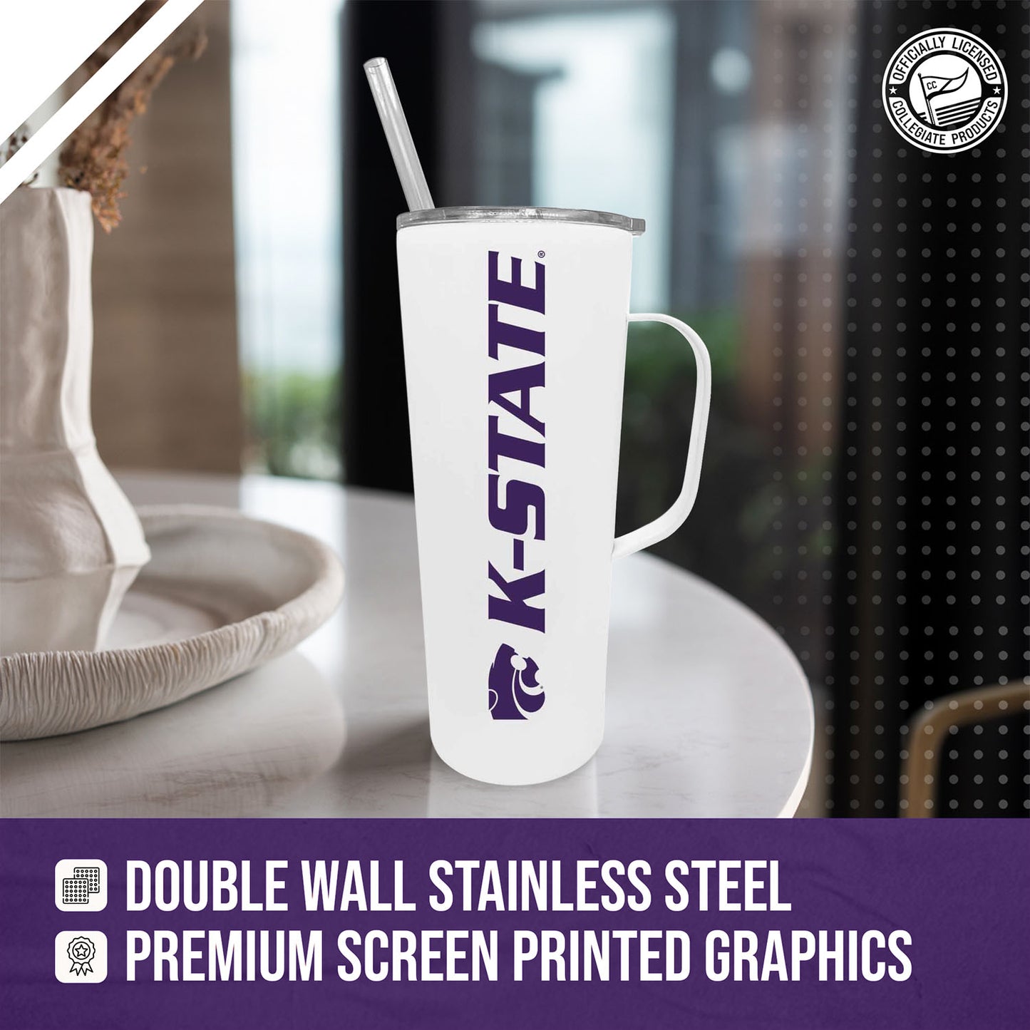 Kansas State Wildcats NCAA Stainless Steel 20oz Roadie With Handle & Dual Option Lid With Straw - White