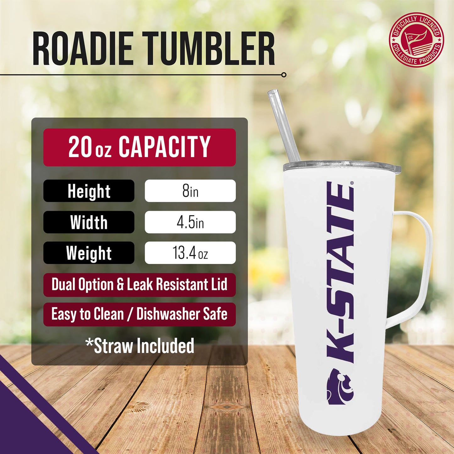 Kansas State Wildcats NCAA Stainless Steel 20oz Roadie With Handle & Dual Option Lid With Straw - White