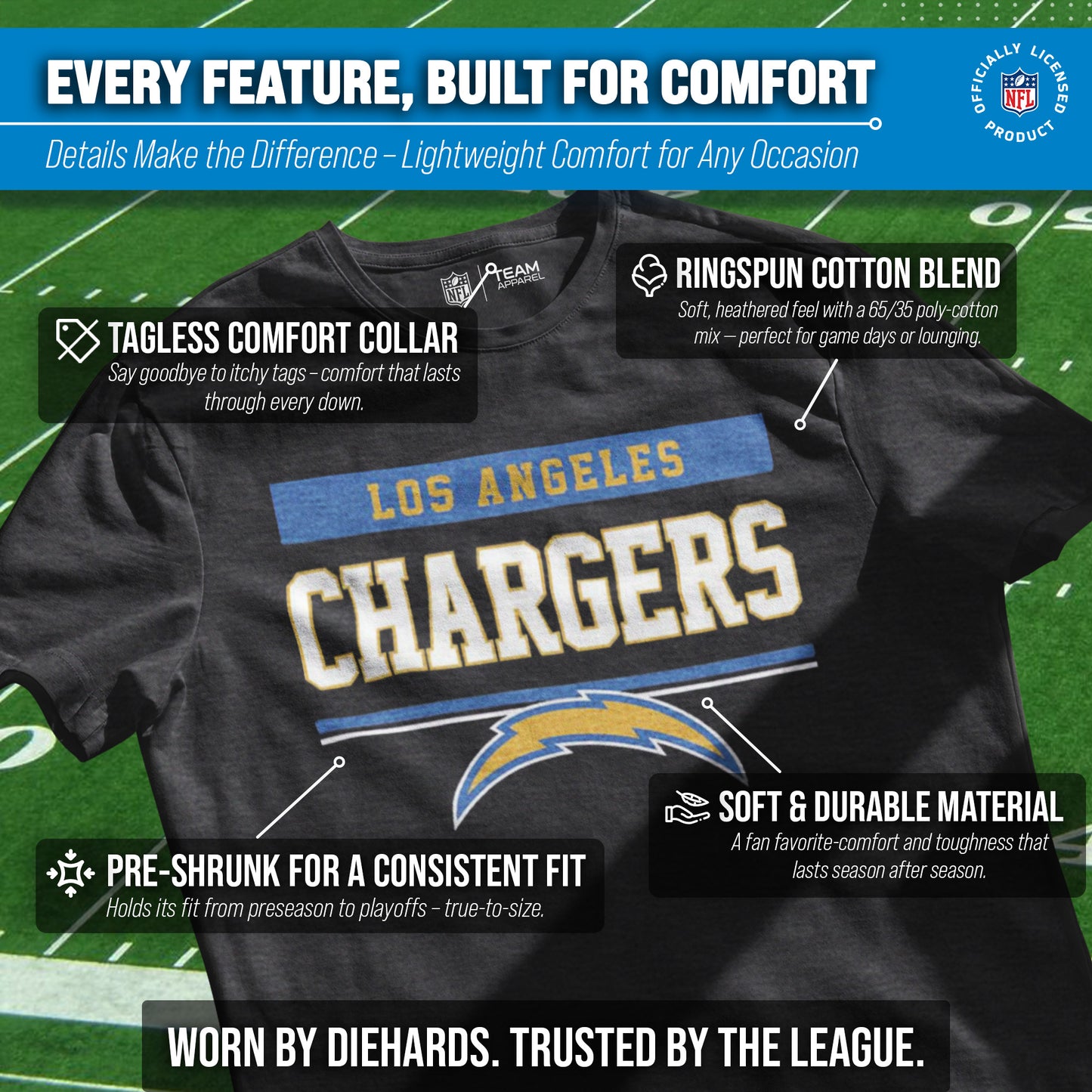 Los Angeles Chargers NFL Adult Team Block Tagless T-Shirt - Charcoal