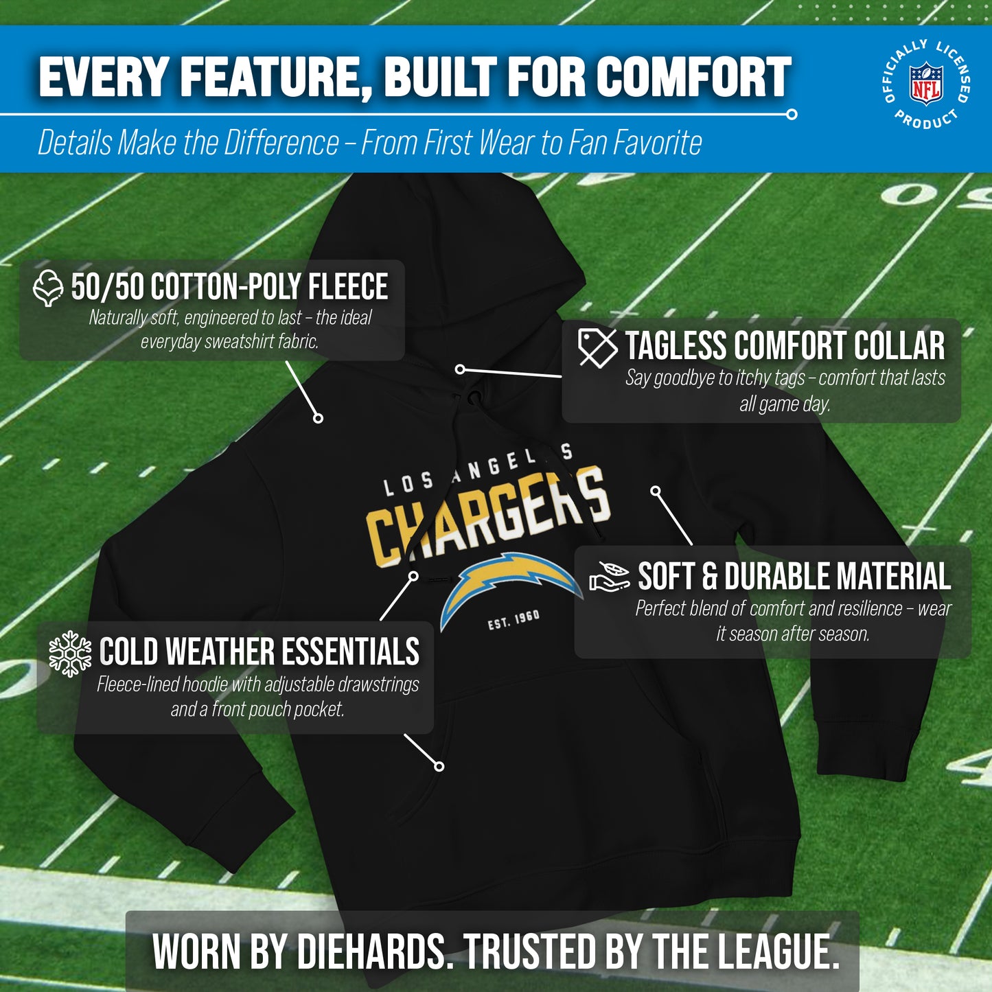 Los Angeles Chargers Adult NFL Diagonal Fade Fleece Hooded Sweatshirt - Black