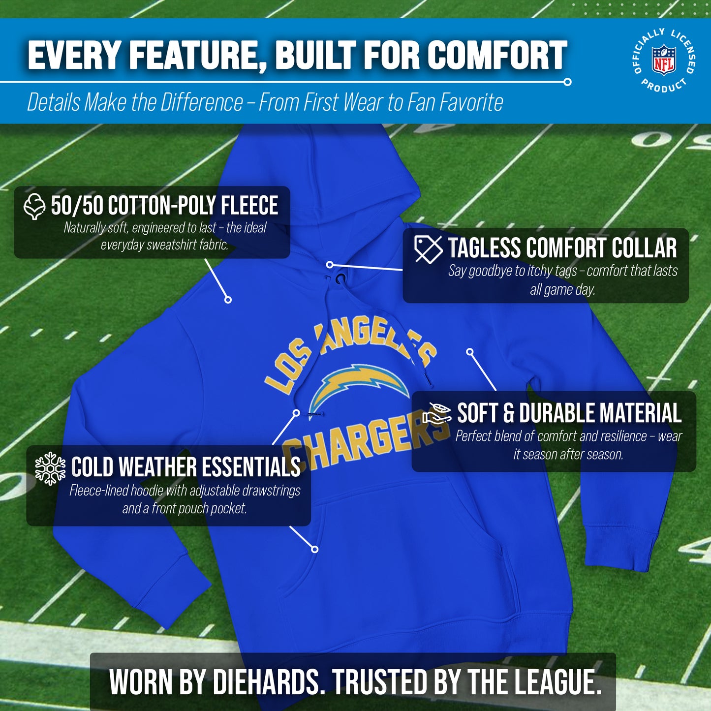 Los Angeles Chargers NFL Adult Gameday Hooded Sweatshirt - Royal
