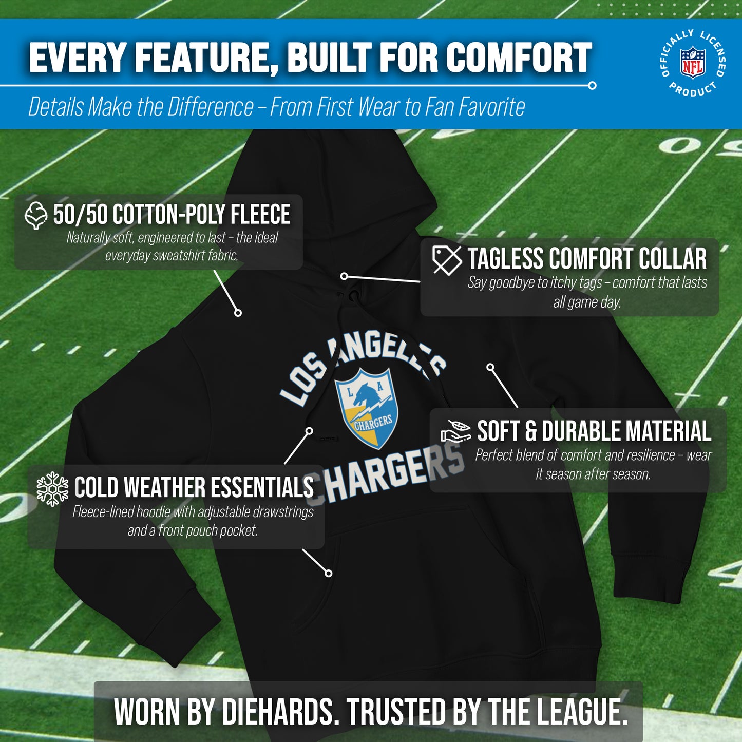 Los Angeles Chargers NFL Adult Unisex Retro Gameday Ultra Soft Fleece Hooded Sweatshirt - Black