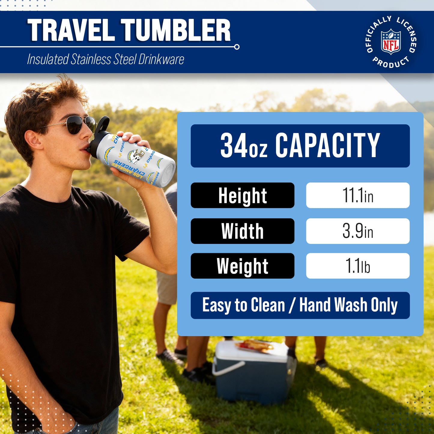 Los Angeles Chargers NFL 34oz Quencher Stainless Steel Insulated Water Bottle - White