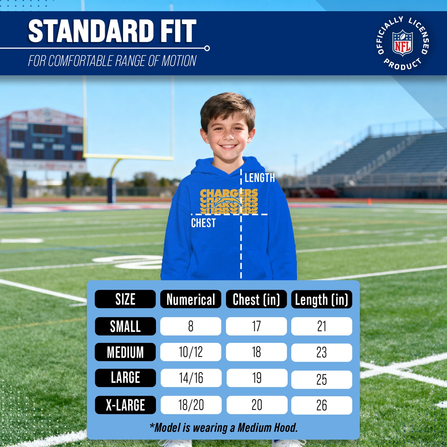 Los Angeles Chargers NFL Youth Repeating Logo Football Fleece Hooded Sweatshirt - Royal