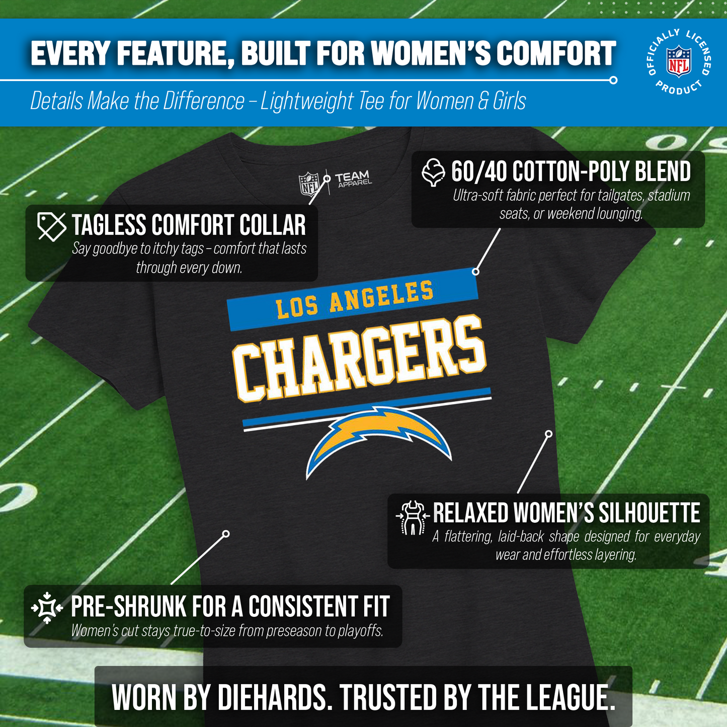 Los Angeles Chargers NFL Women's Team Block Charcoal Tagless T-Shirt - Charcoal