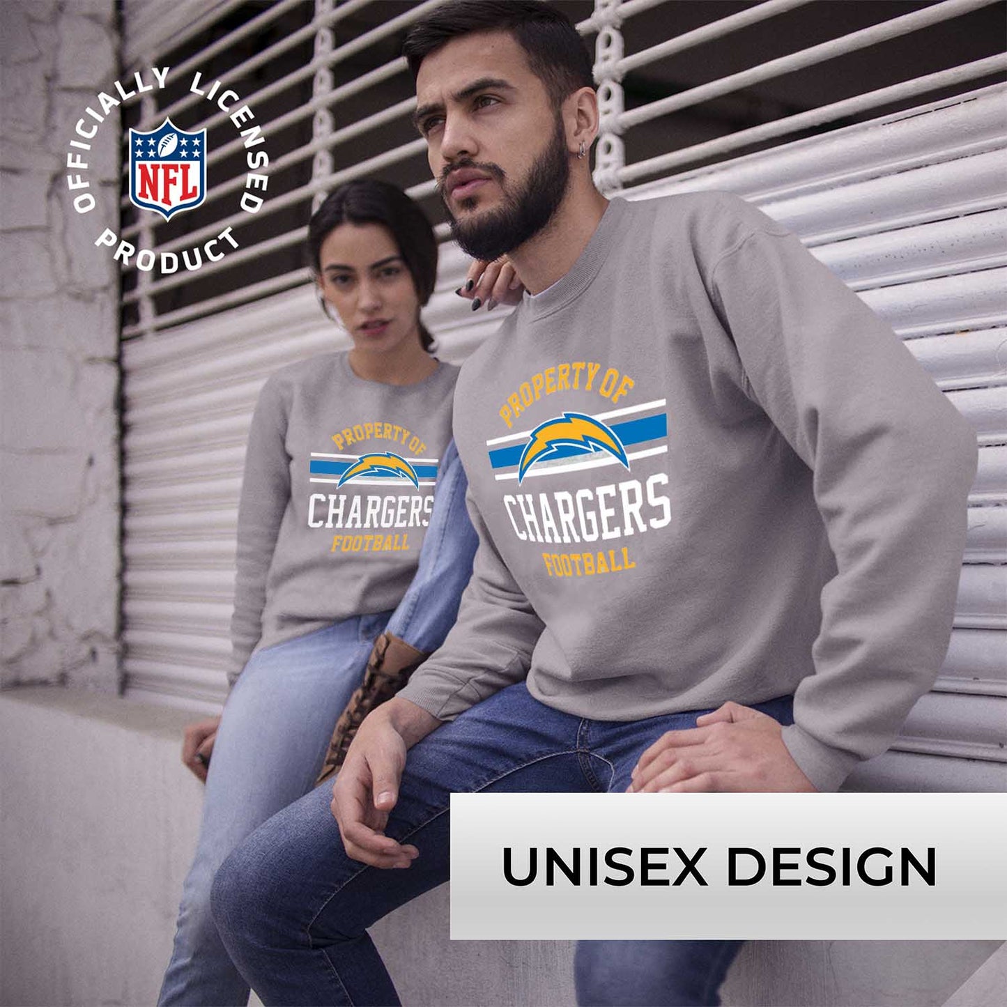 Los Angeles Chargers NFL Adult Property Of Crewneck Fleece Sweatshirt - Sport Gray