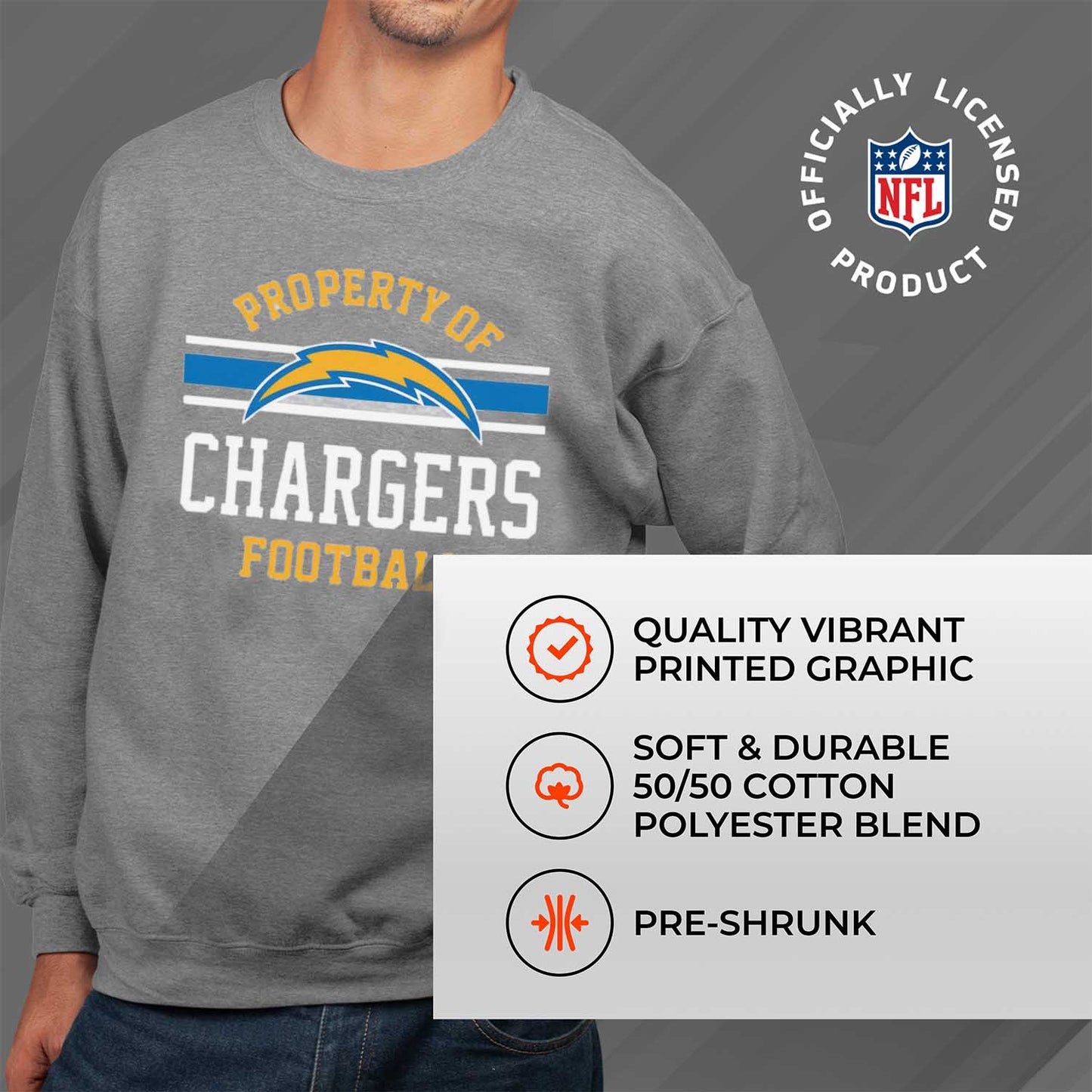 Los Angeles Chargers NFL Adult Property Of Crewneck Fleece Sweatshirt - Sport Gray