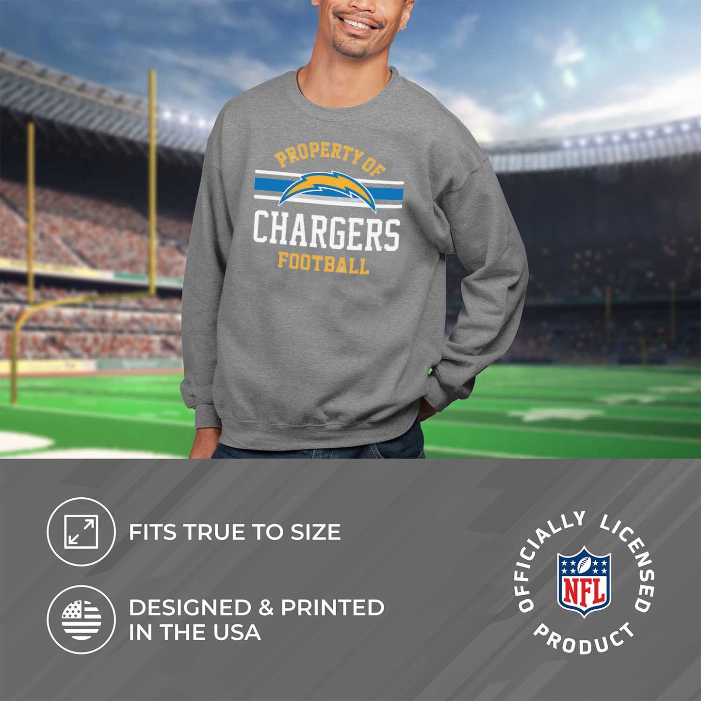 Los Angeles Chargers NFL Adult Property Of Crewneck Fleece Sweatshirt - Sport Gray