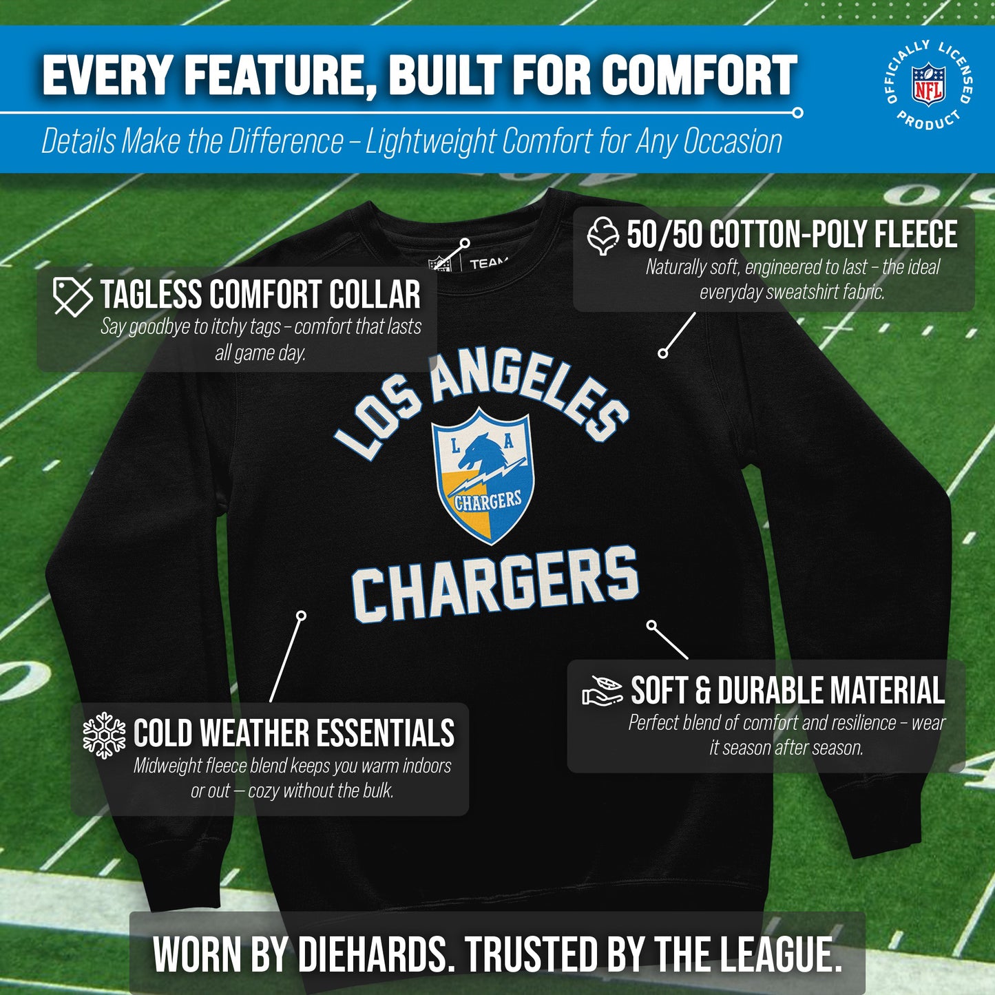 Los Angeles Chargers NFL Adult Unisex Retro Gameday Ultra Soft Fleece Crewneck Sweatshirt - Black