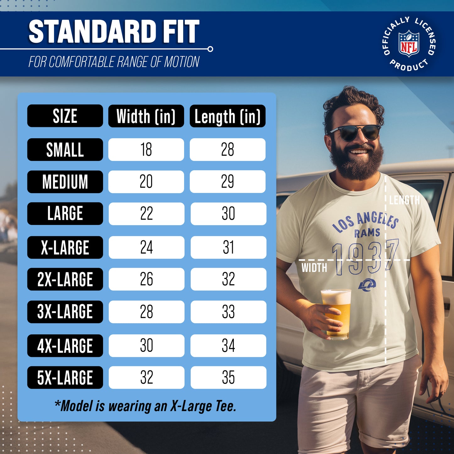 Los Angeles Rams NFL Adult Big Date Tag-Less T-Shirt - Natural