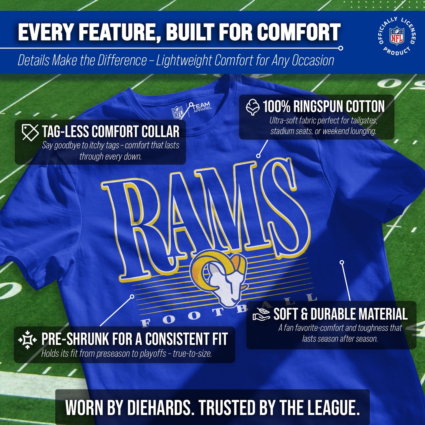 Los Angeles Rams NFL Adult Overtime Blueprint Tag-Less T-Shirt - Royal