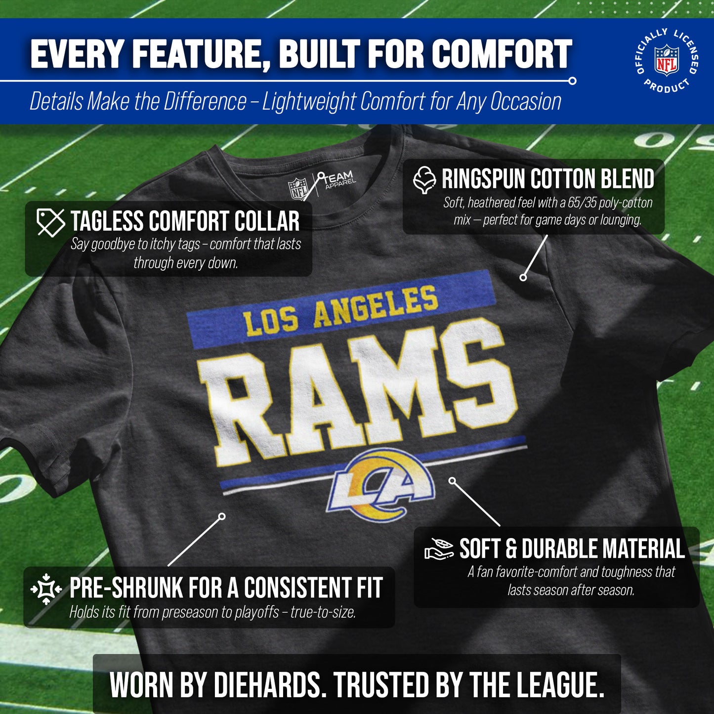 Los Angeles Rams NFL Adult Team Block Tagless T-Shirt - Charcoal
