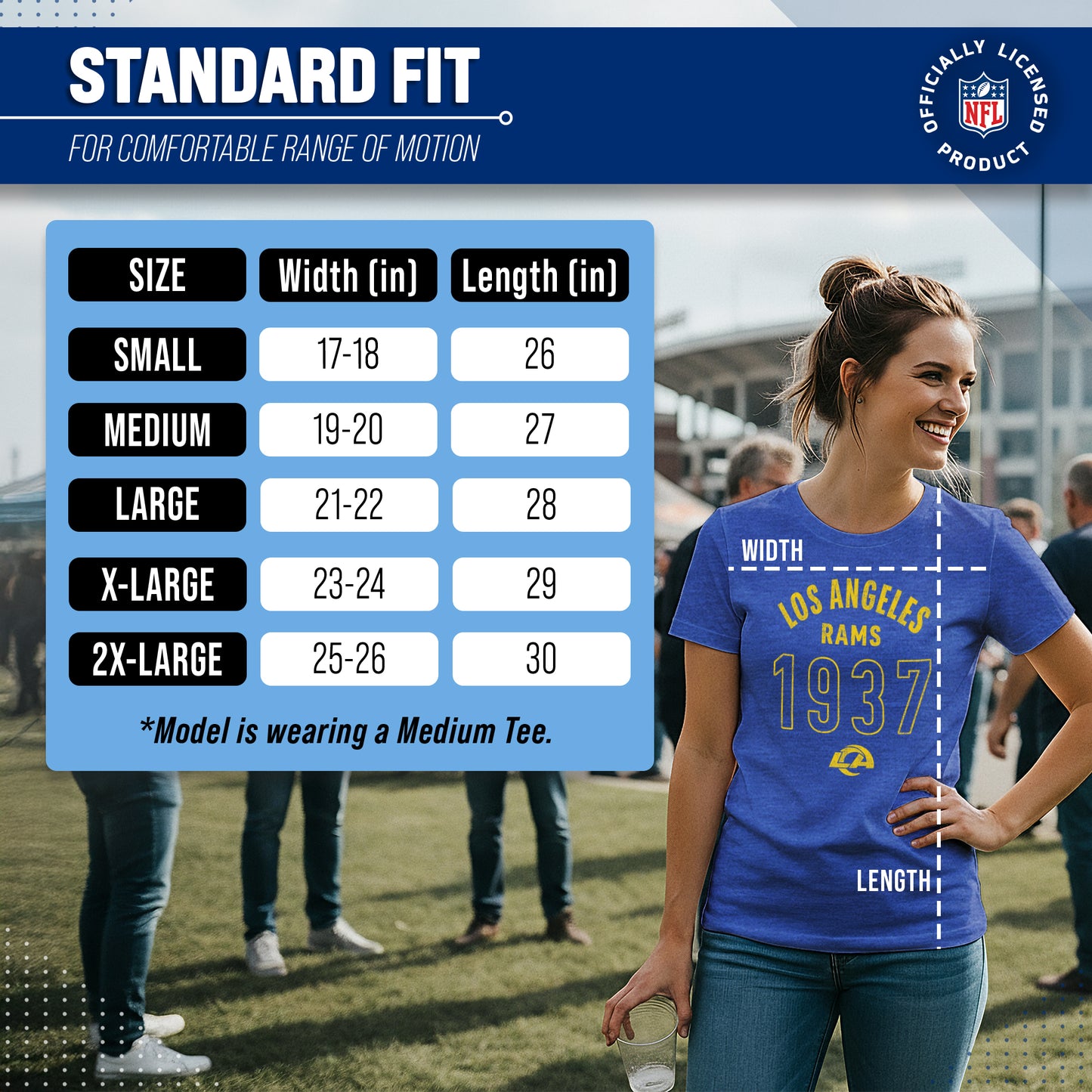 Los Angeles Rams NFL Womens Big Date Tag-Less T-Shirt - Royal Heather