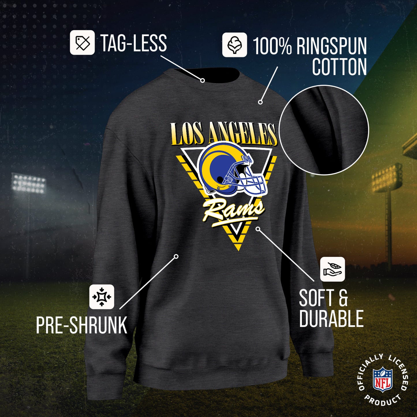 Los Angeles Rams NFL Womens Retro Triangle Slouchy Crewneck - Heather Charcoal