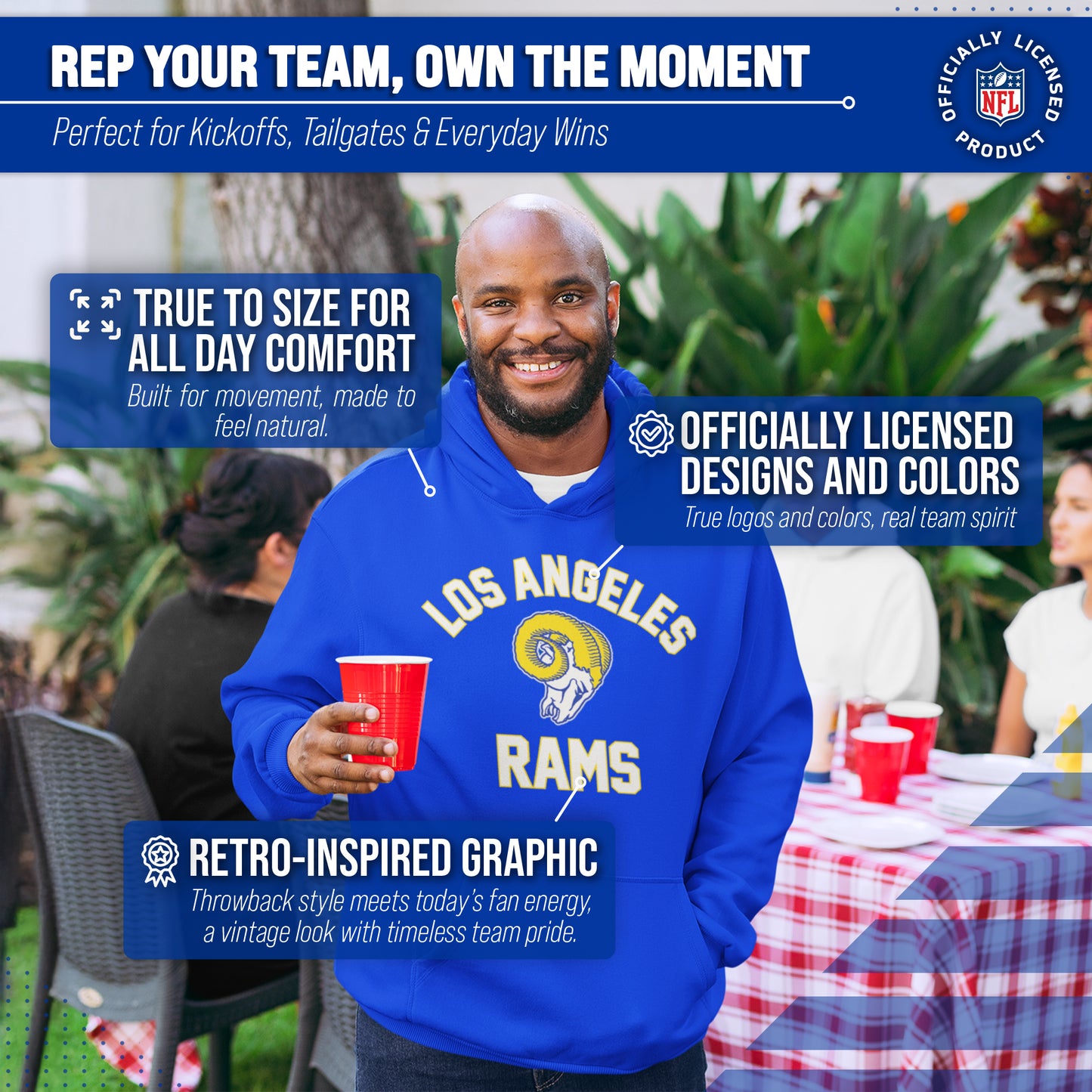 Los Angeles Rams NFL Adult Unisex Retro Gameday Ultra Soft Fleece Hooded Sweatshirt - Royal