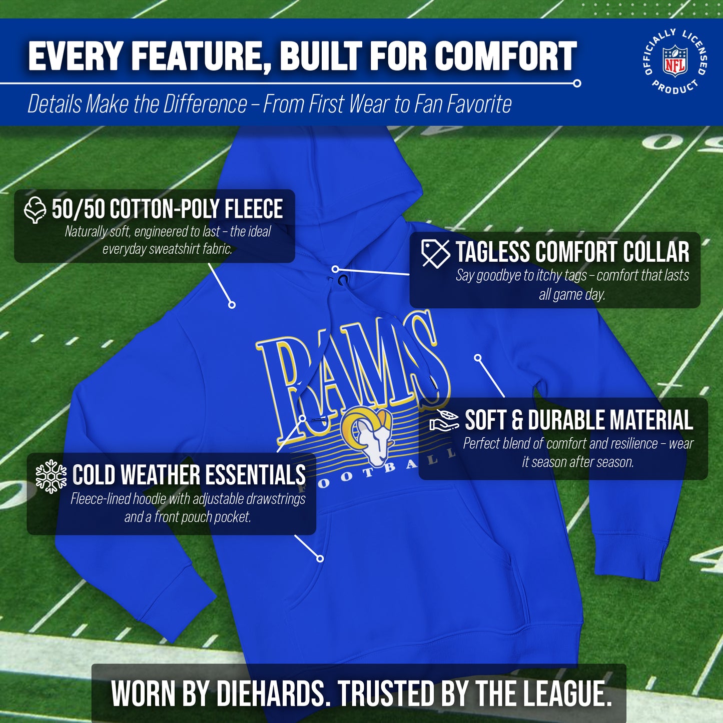Los Angeles Rams NFL Adult Unisex Overtime Blueprint Soft Fleece Hooded Sweatshirt - Royal