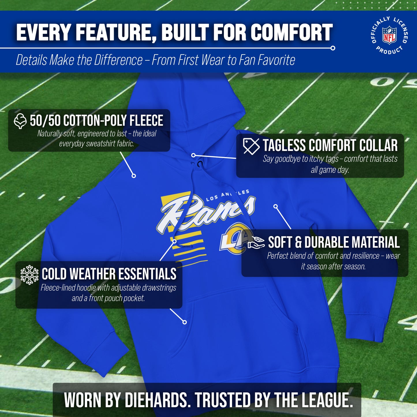 Los Angeles Rams NFL Adult Unisex Retro Script Ultra Soft Fleece Hooded Sweatshirt - Royal