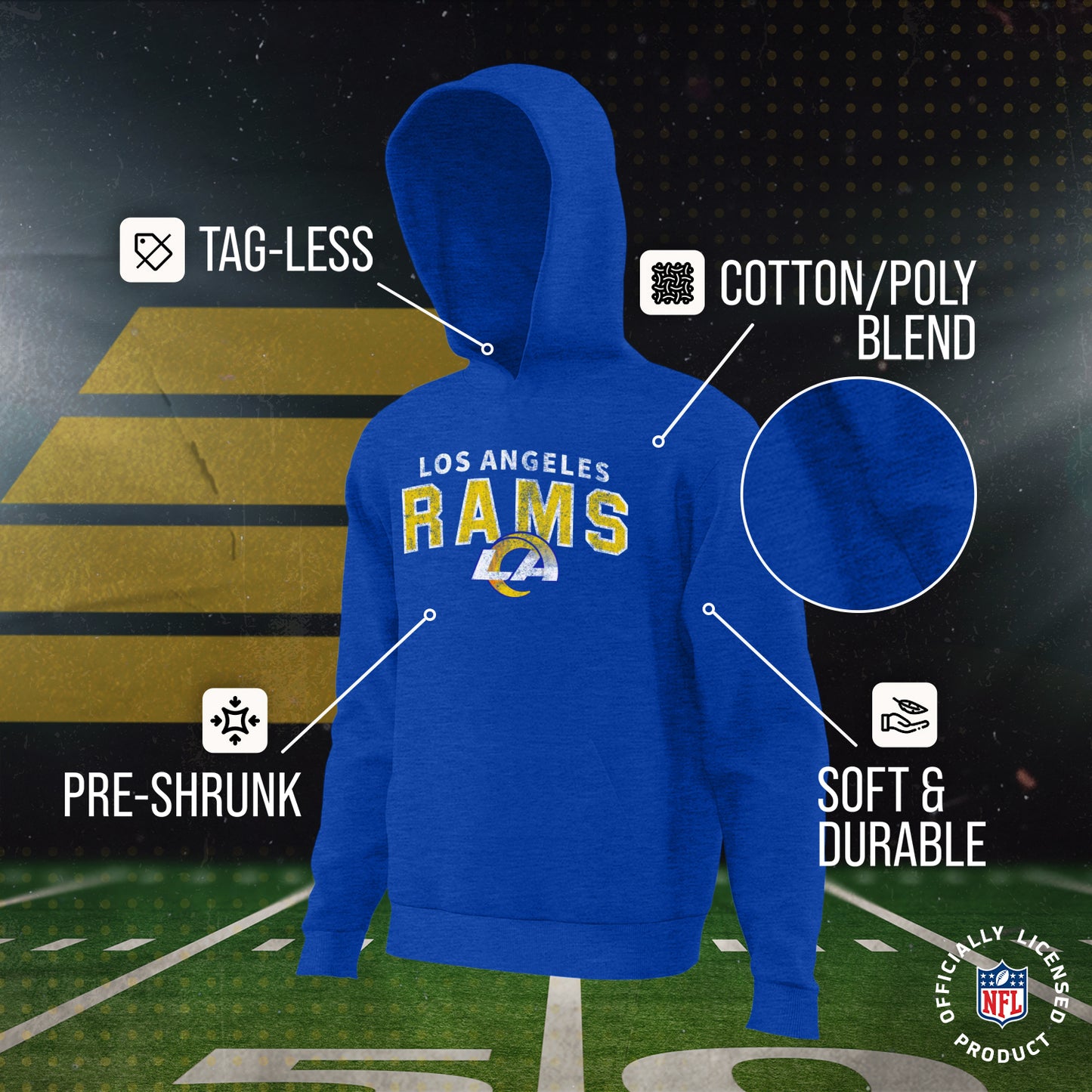 Los Angeles Rams NFL Youth Starting Fresh Hoodie- Pro Football Sweatshirt for Boys and Girls - Royal