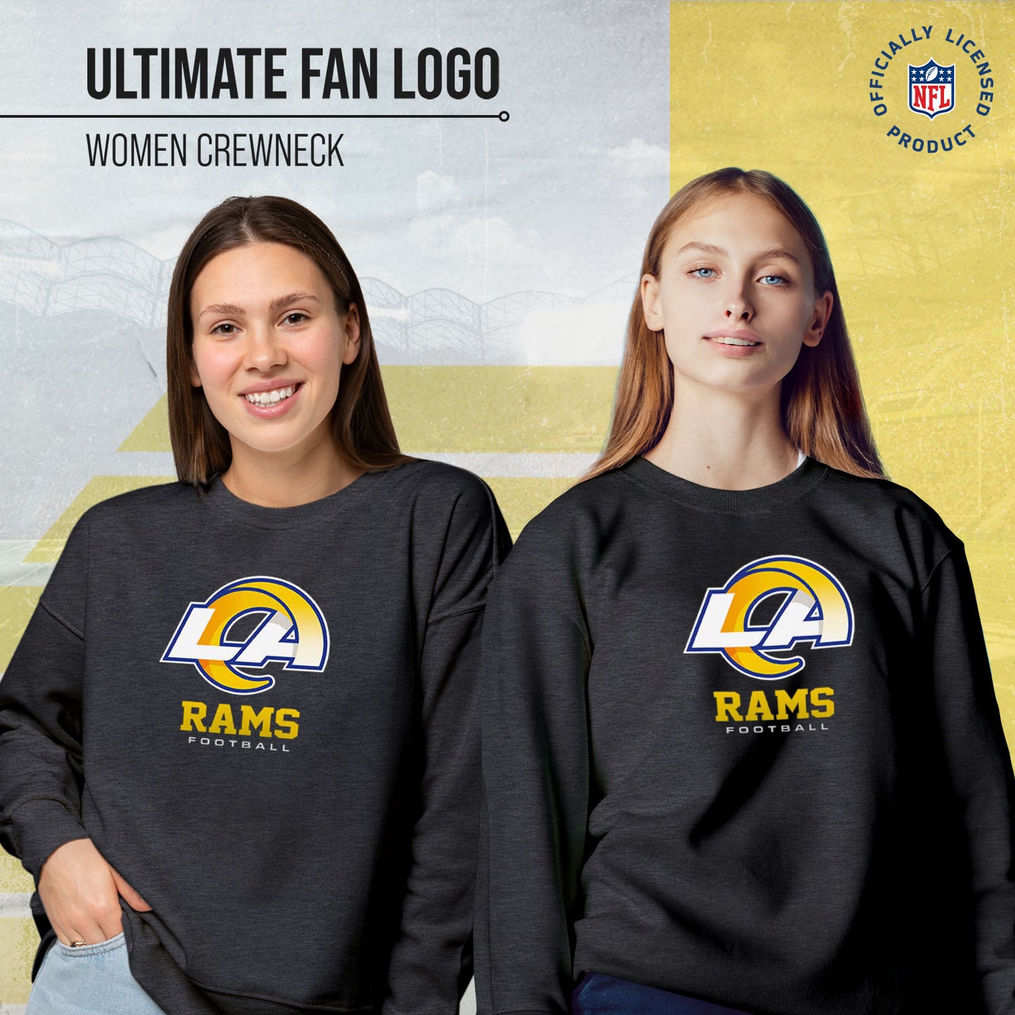 Los Angeles Rams Women's NFL Ultimate Fan Logo Slouchy Crewneck -Tagless Fleece Lightweight Pullover - Charcoal