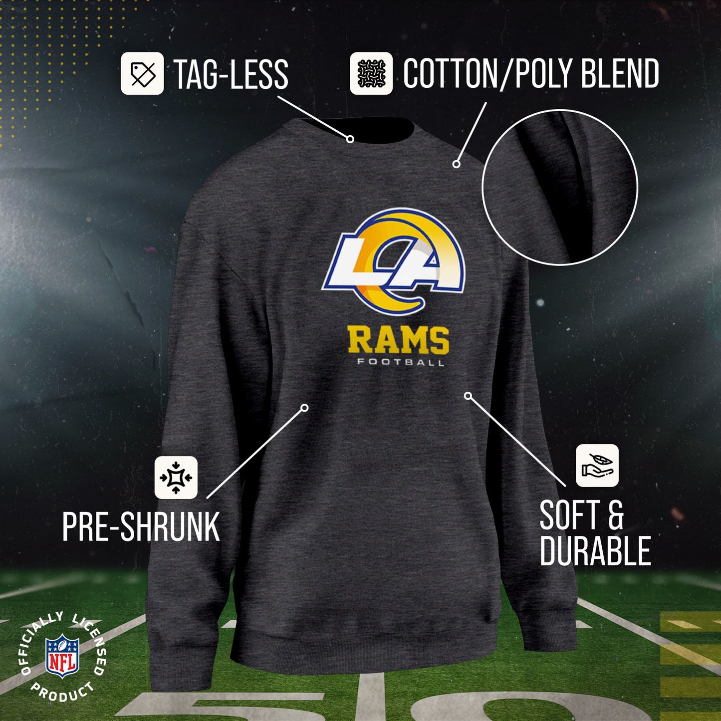 Los Angeles Rams Women's NFL Ultimate Fan Logo Slouchy Crewneck -Tagless Fleece Lightweight Pullover - Charcoal