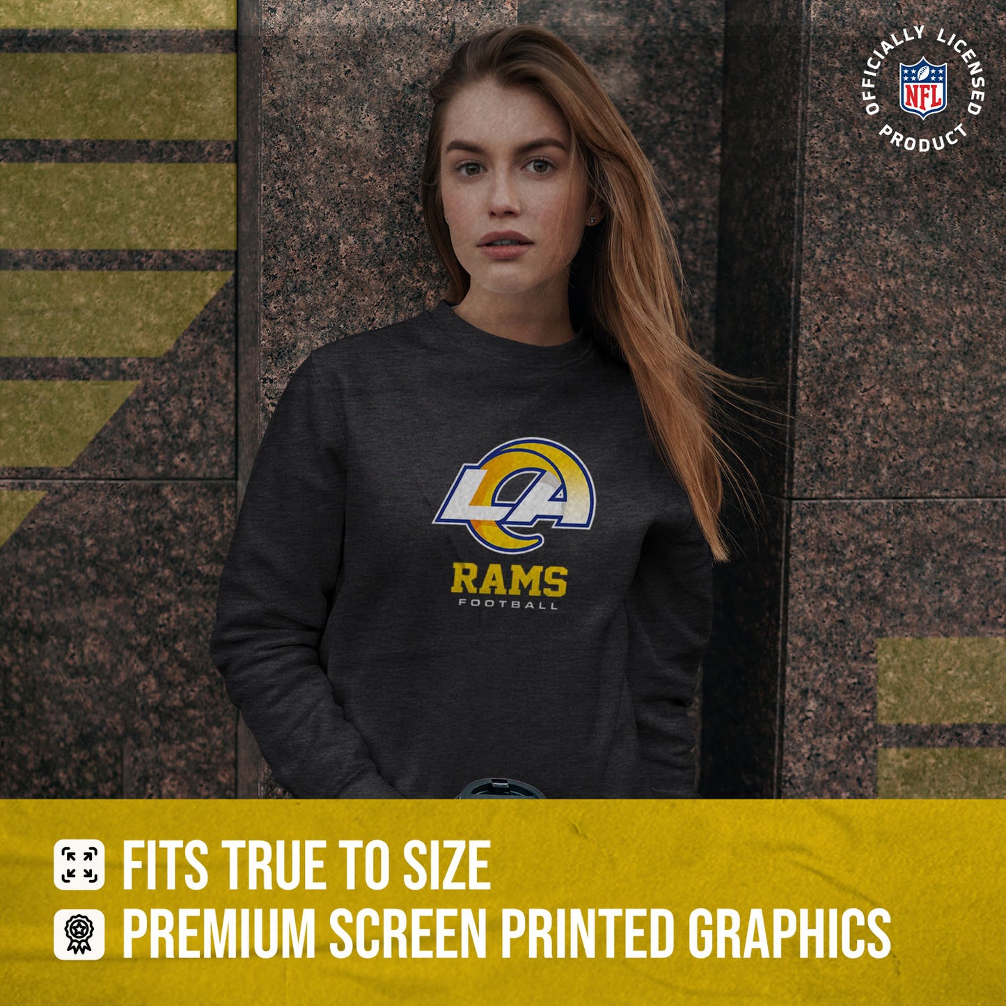 Los Angeles Rams Women's NFL Ultimate Fan Logo Slouchy Crewneck -Tagless Fleece Lightweight Pullover - Charcoal