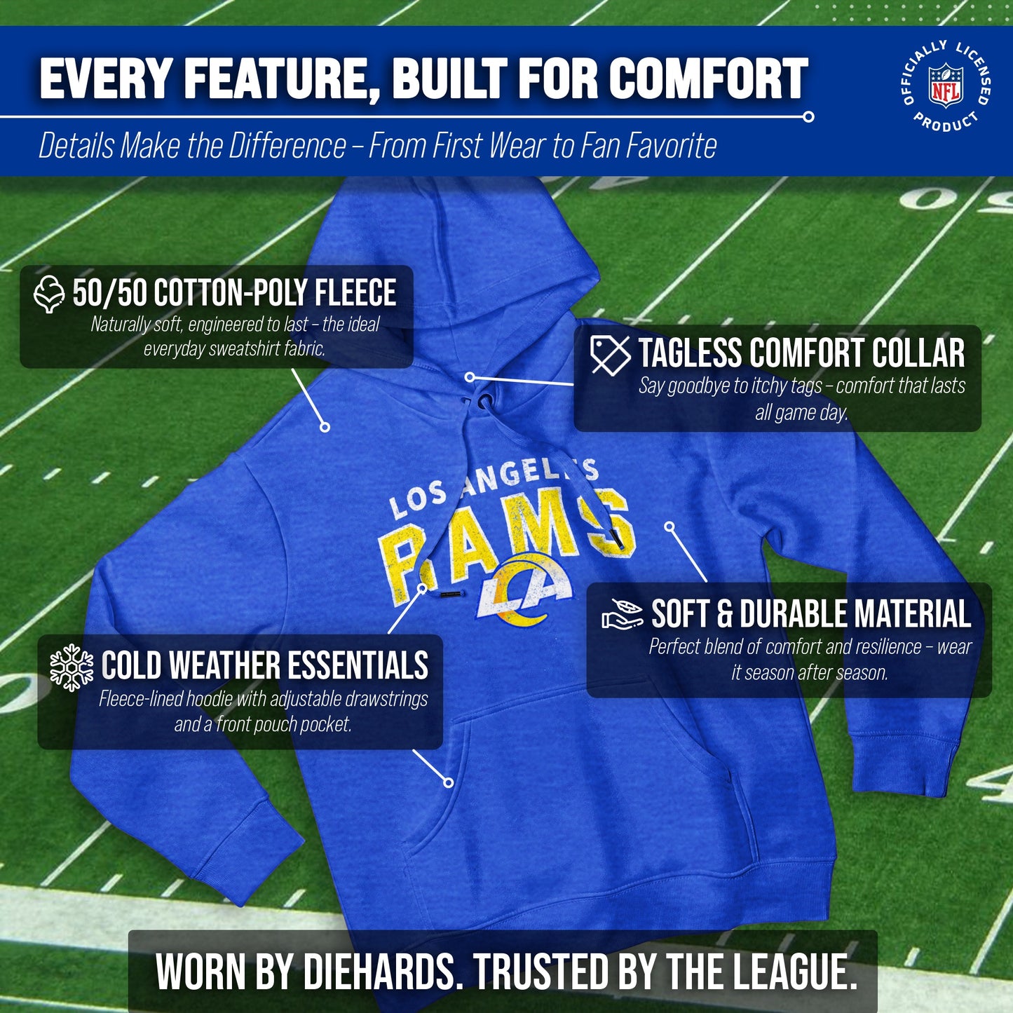 Los Angeles Rams NFL Adult Unisex Starting Fresh Ultra Soft Fleece Hooded Sweatshirt - Royal
