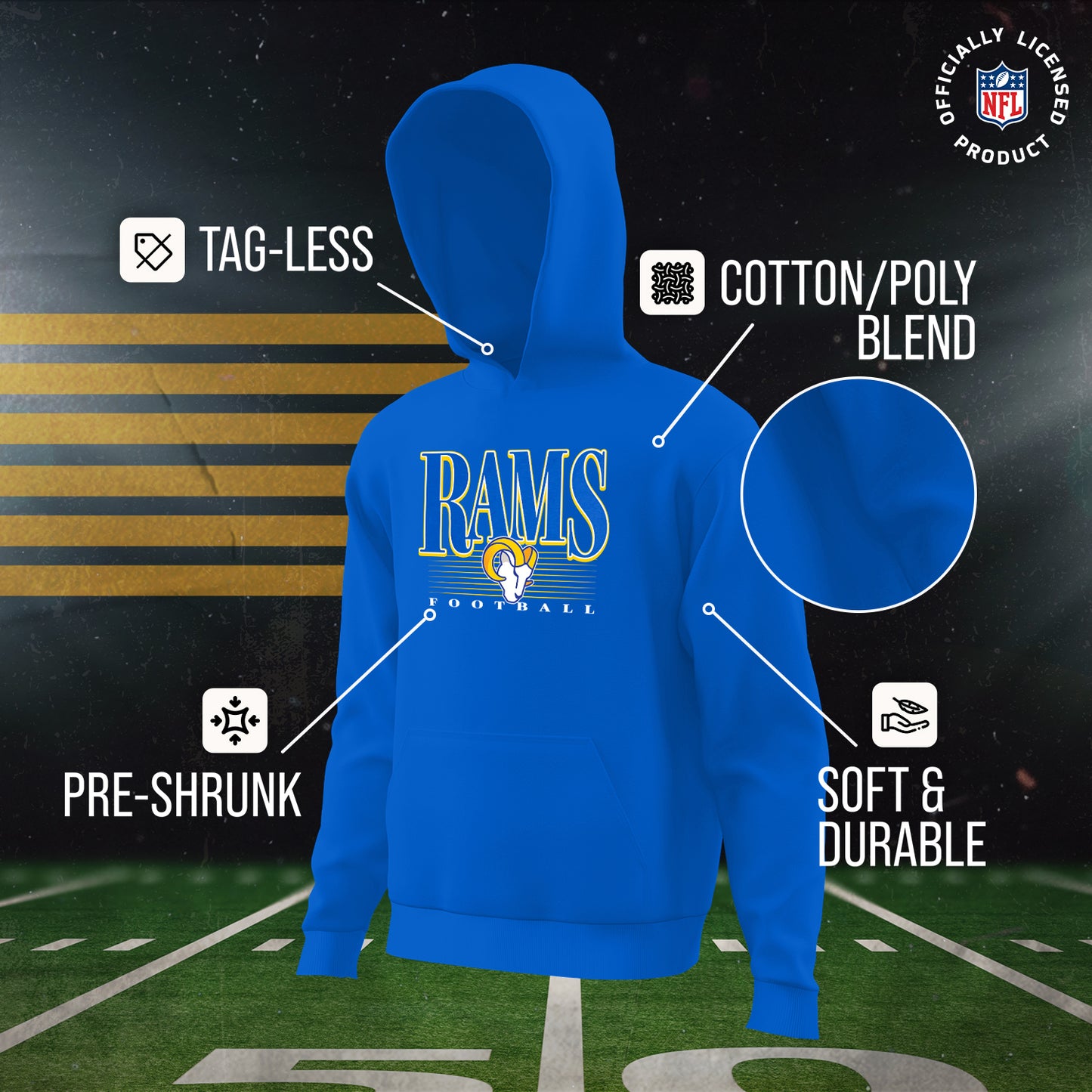 Los Angeles Rams NFL Youth Overtime Blueprint Football Fleece Hooded Sweatshirt - Royal