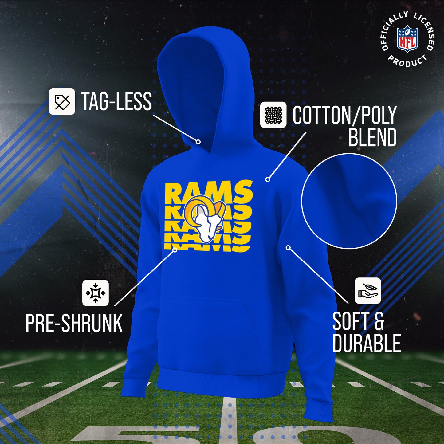 Los Angeles Rams NFL Youth Repeating Logo Football Fleece Hooded Sweatshirt - Royal