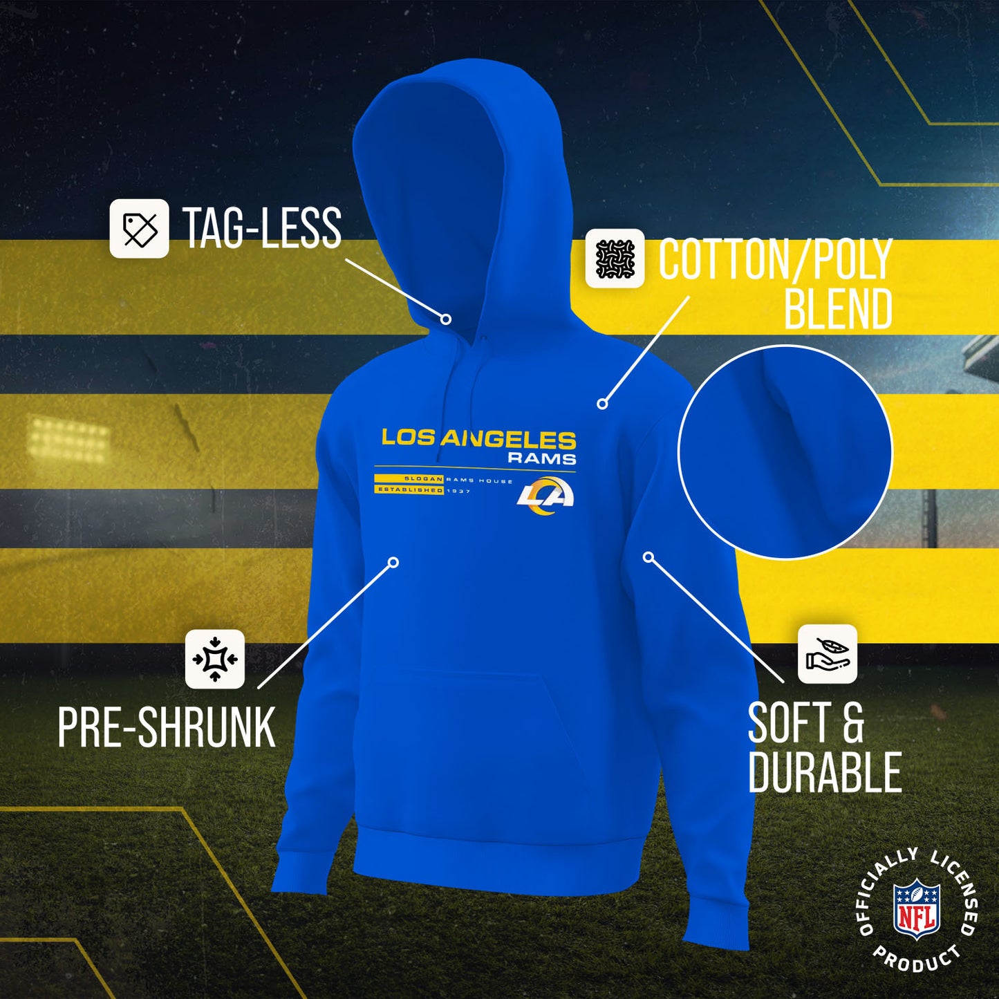 Los Angeles Rams Adult NFL Speed Stat Sheet Fleece Hooded Sweatshirt - Royal